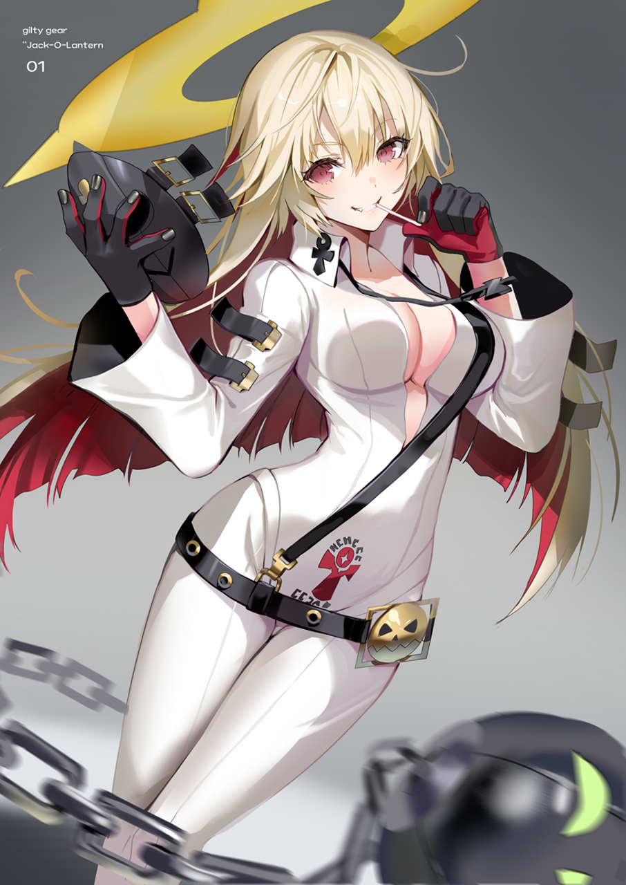 Anime 906x1280 anime anime girls Lloule Pixiv boobs blonde red eyes gloves looking at viewer long hair legs together cleavage Guilty Gear