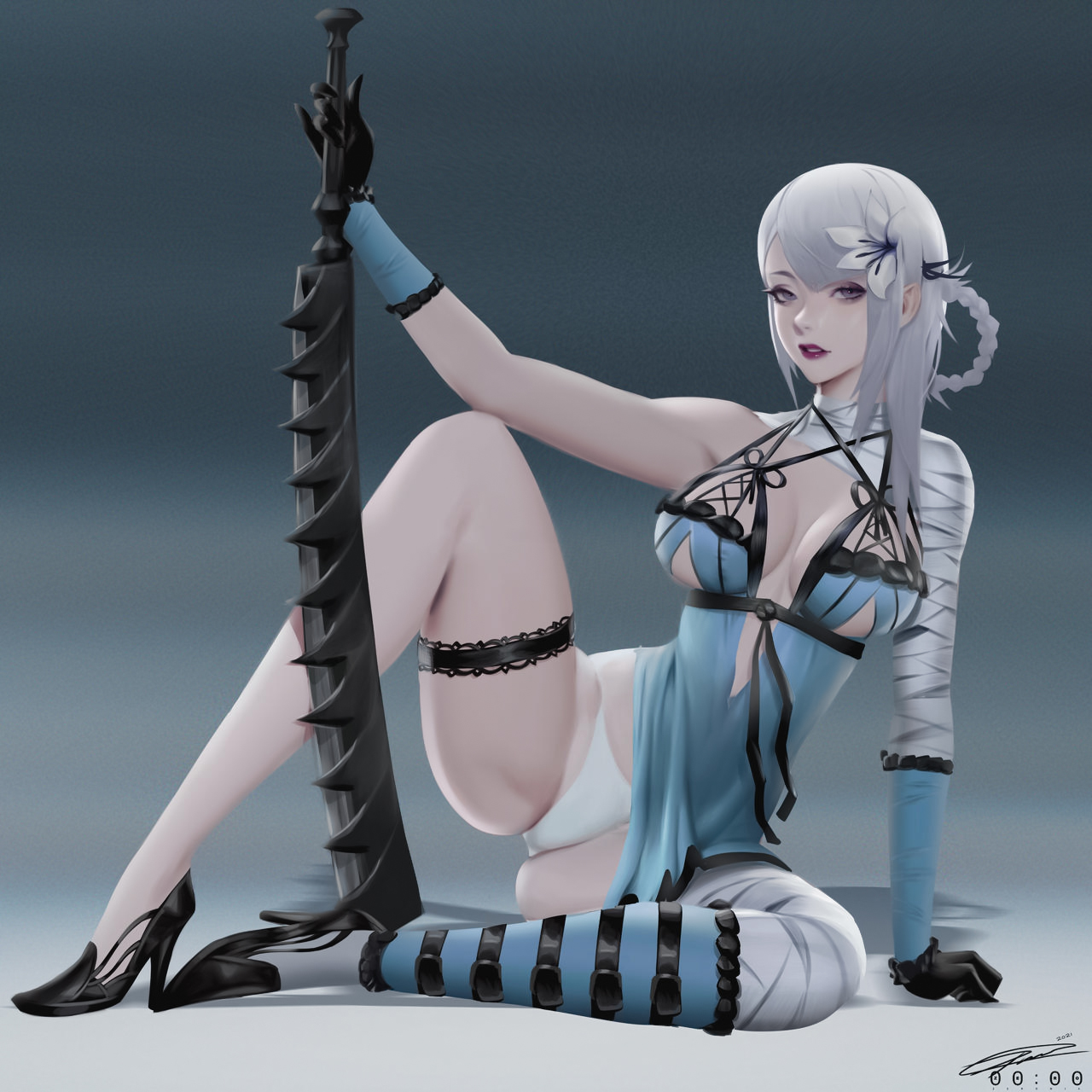 General 1280x1280 Zeronis drawing NieR Replicant women Kaine (NieR) silver hair flower in hair skimpy clothes panties stripes straps weapon sword on the floor blue