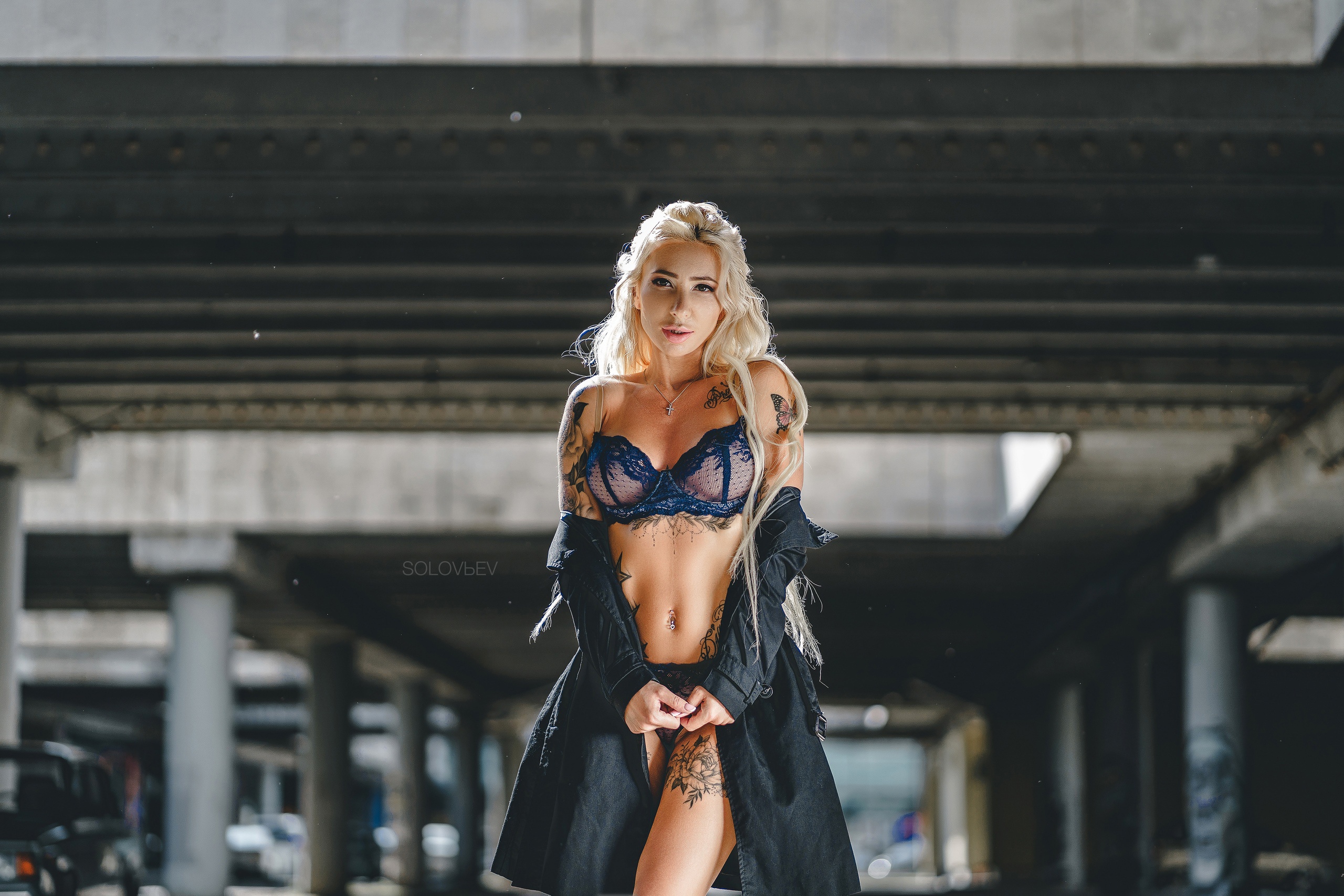 People 2560x1707 women model standing parking garage blonde lingerie underwear dyed hair bra belly inked girls looking at viewer necklace makeup Artem SolovЬev tattoo Olga Lipatova