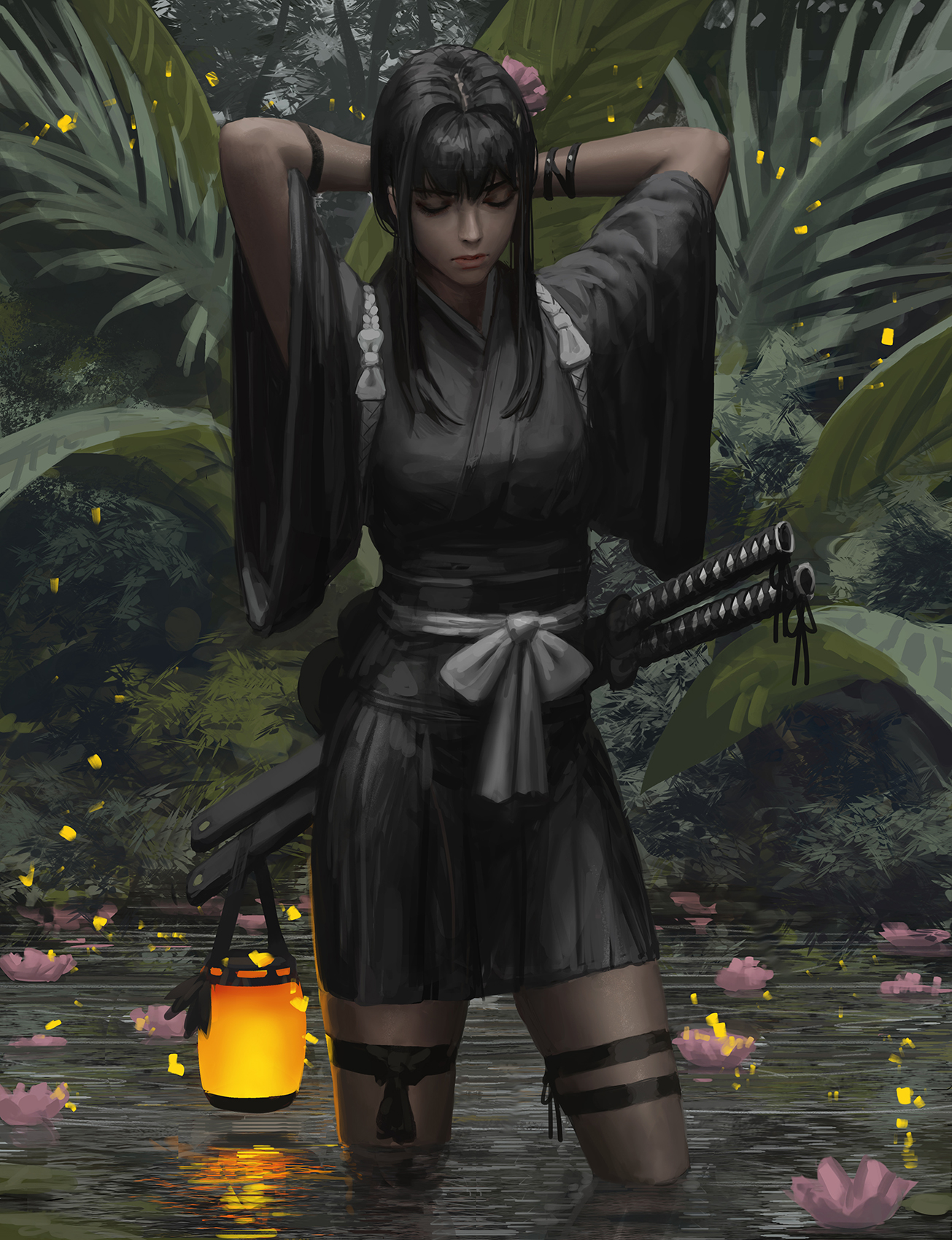 General 1305x1700 GUWEIZ digital art artwork digital painting katana women leaves water lantern arms up black clothing