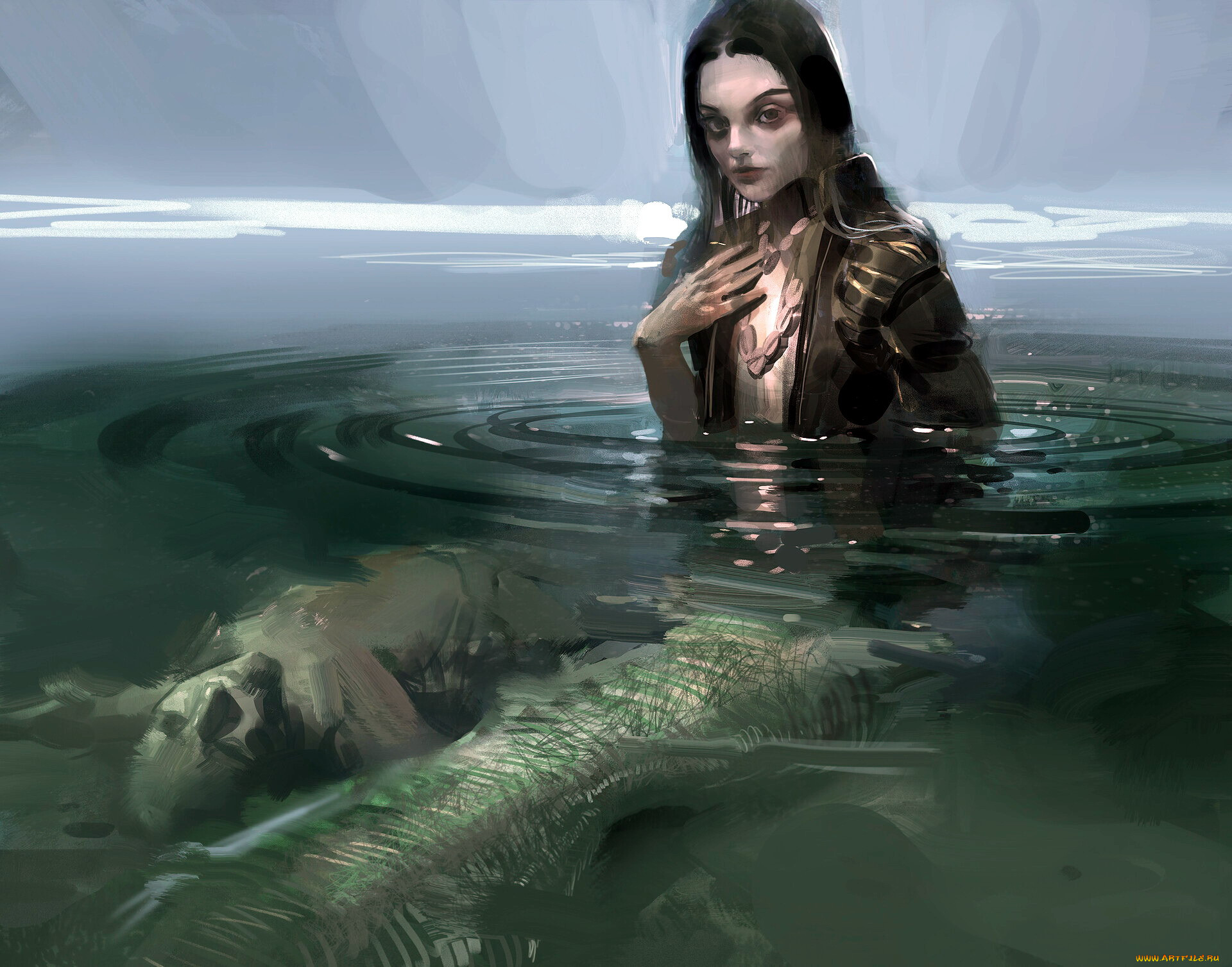 General 1920x1508 fantasy art fantasy girl mermaids creature in water corpse looking at viewer dark hair water ripples digital art