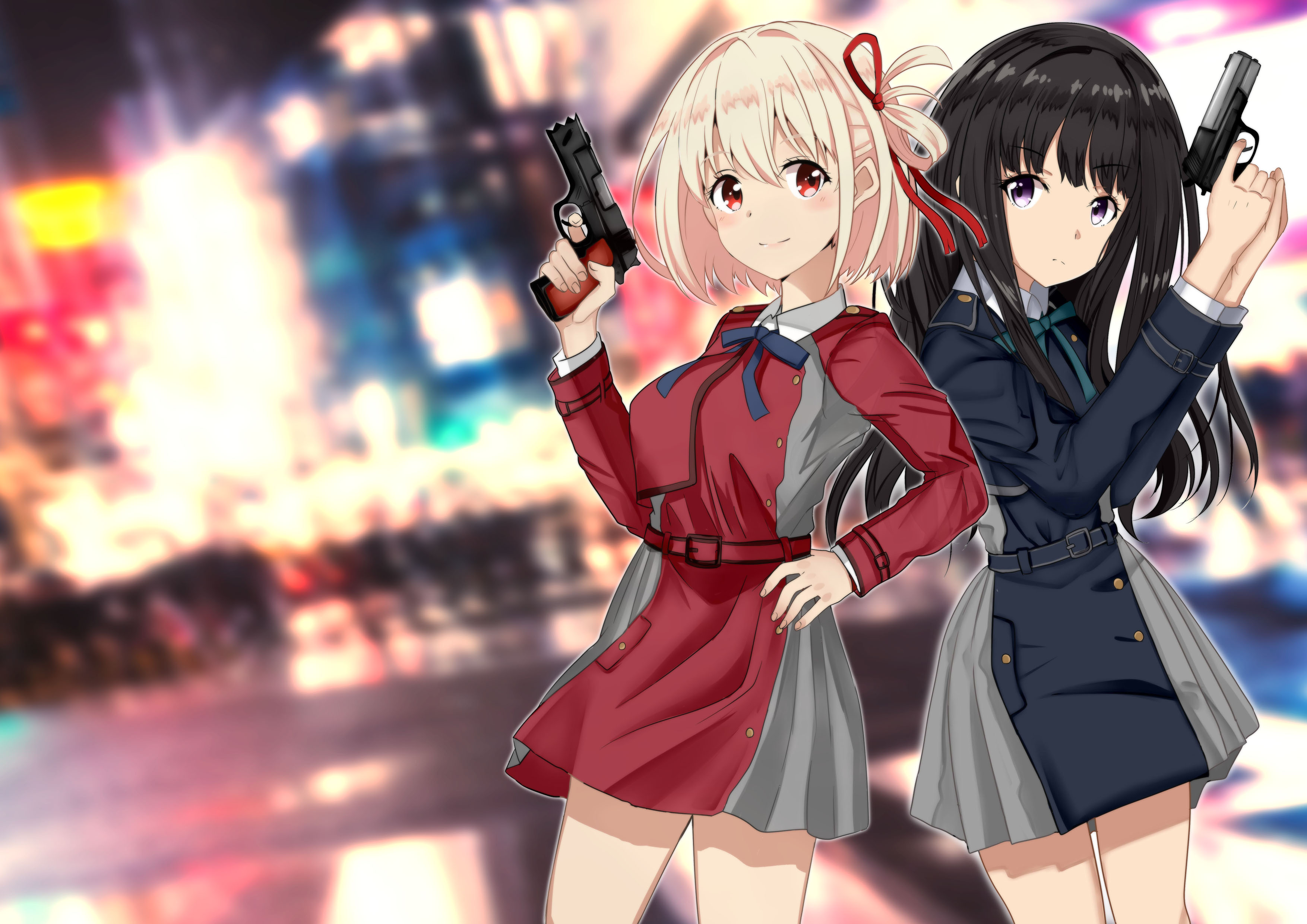 short hair, blonde, long hair, two women, girls with guns, anime 