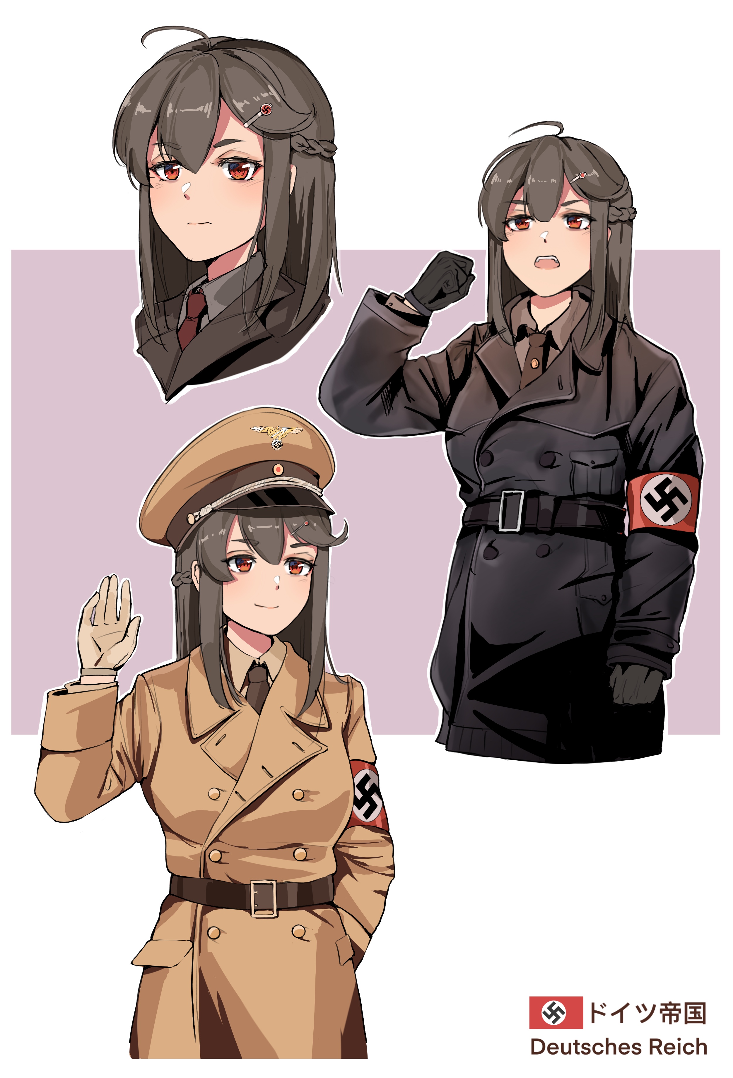 Anime 2503x3682 anime girls anime original characters red eyes brunette Military Hat peaked cap hat necktie tie belt swastika military uniform coats leather coat leather belt hair ornament waving Leather gloves pale Unicron (Brous) long hair white gloves hairpins German Nazi smiling hands in pockets Caucasian
