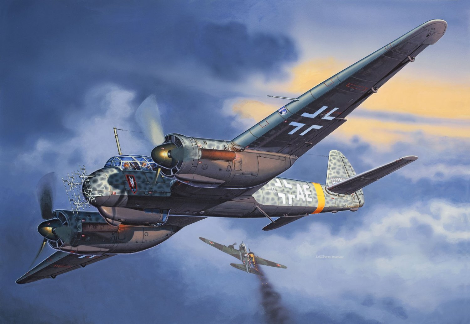 General 1500x1034 World War II military military aircraft aircraft airplane Nightfighter night Germany Luftwaffe junkers ju-88 Andrzej Deredos Boxart flying clouds Bomber Soviet Air Forces burning fire smoke