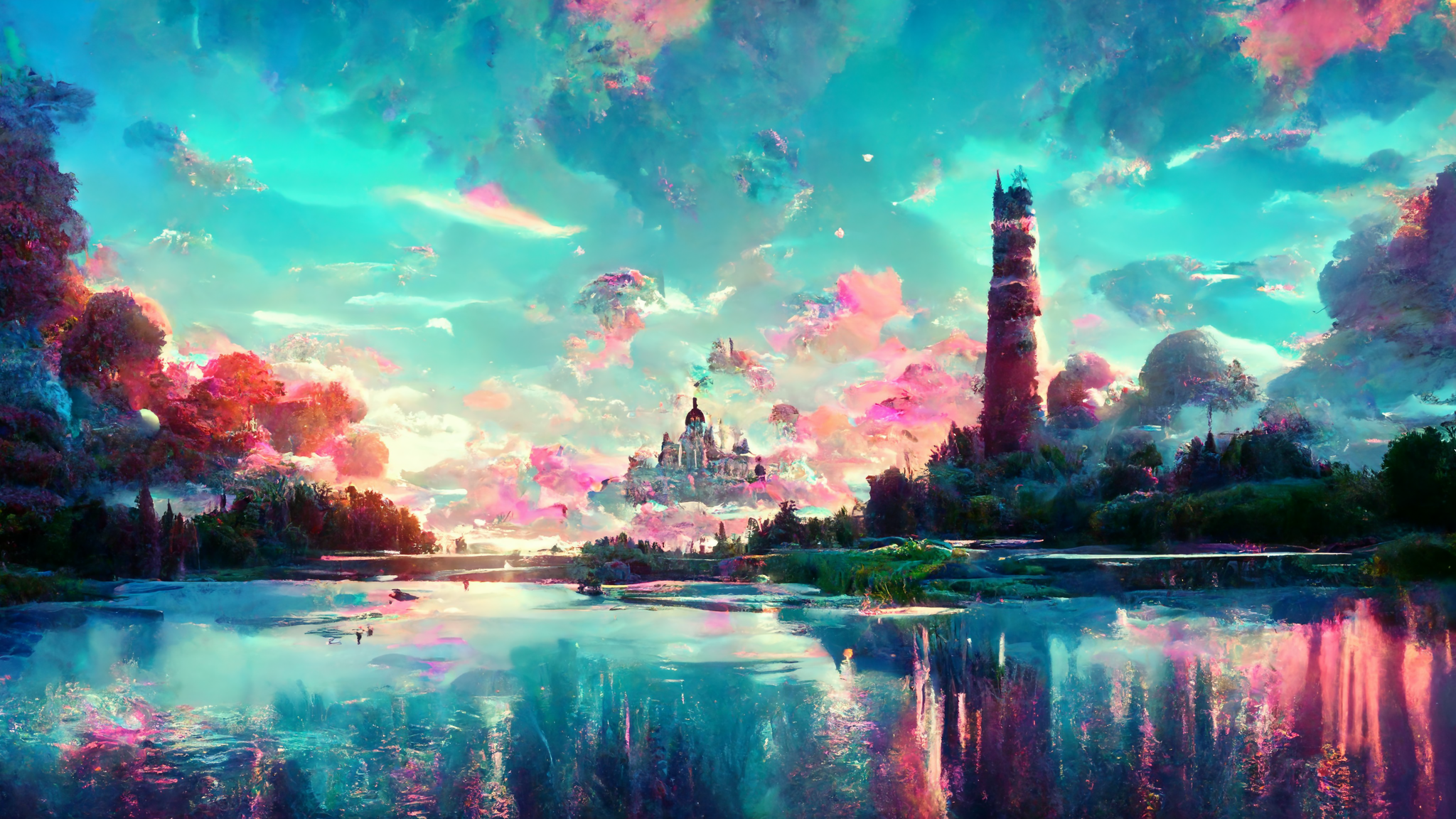 General 2048x1152 fantasy castle lighthouse lake clouds sky neon vaporwave forest AI art