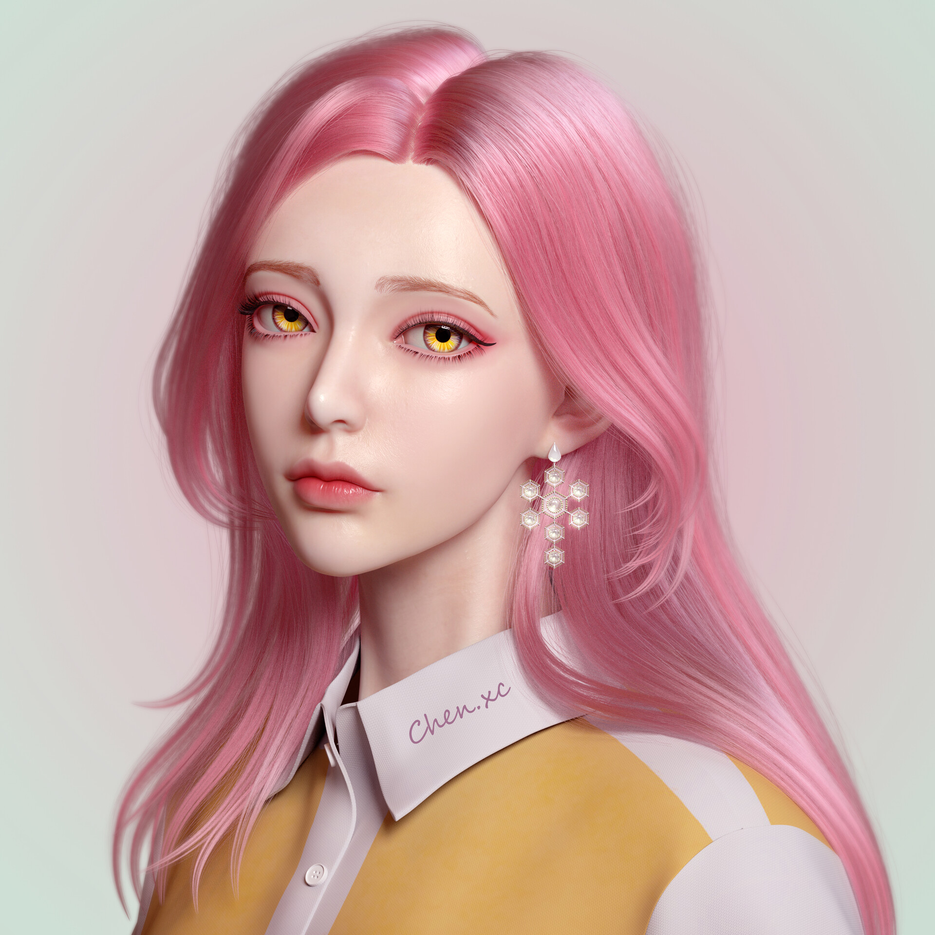 General 1920x1920 Xincheng Chen CGI women yellow eyes long hair makeup simple background pink hair fantasy girl