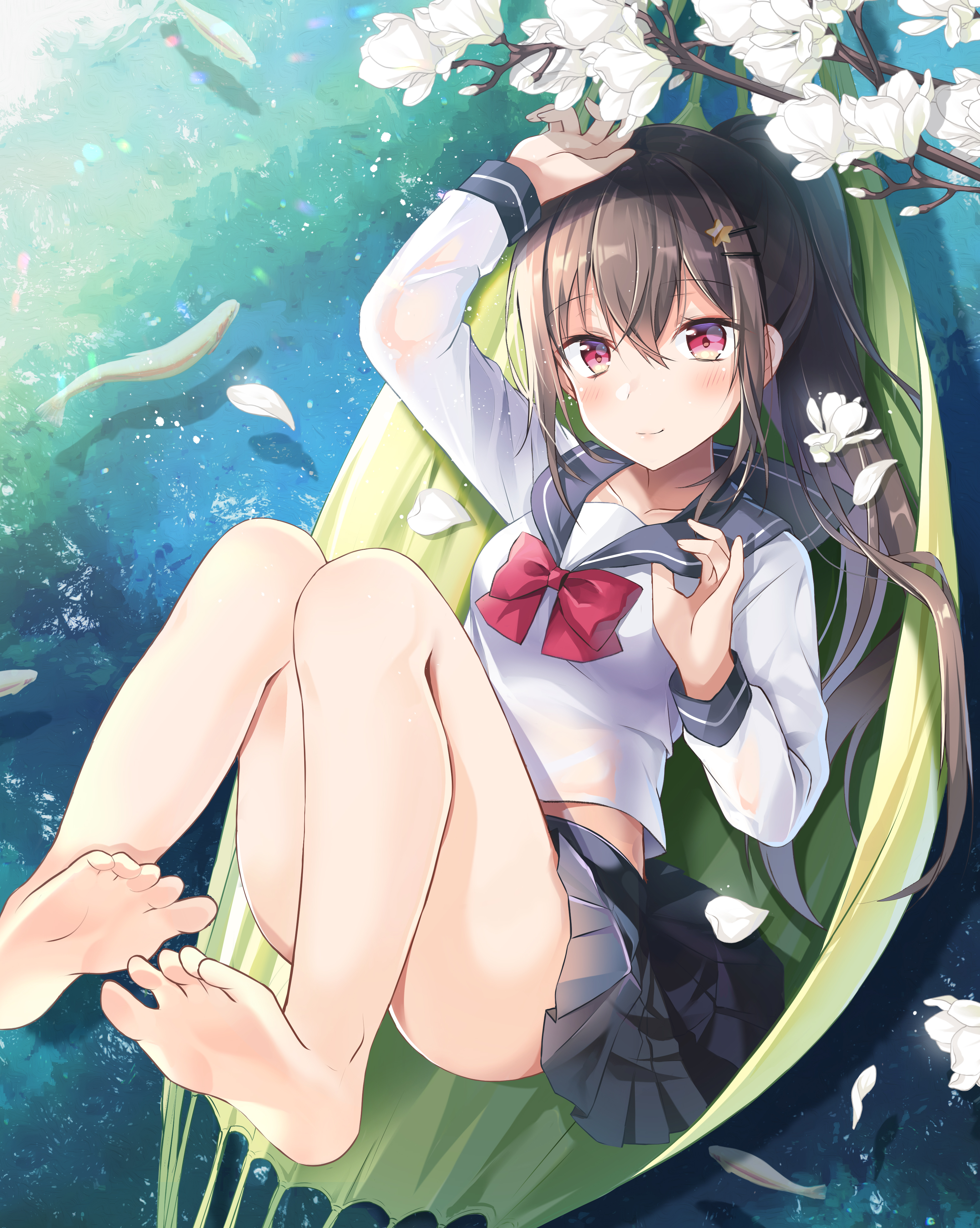 Anime 3134x3927 school uniform sailor uniform petals schoolgirl anime girls red eyes water hammocks feet