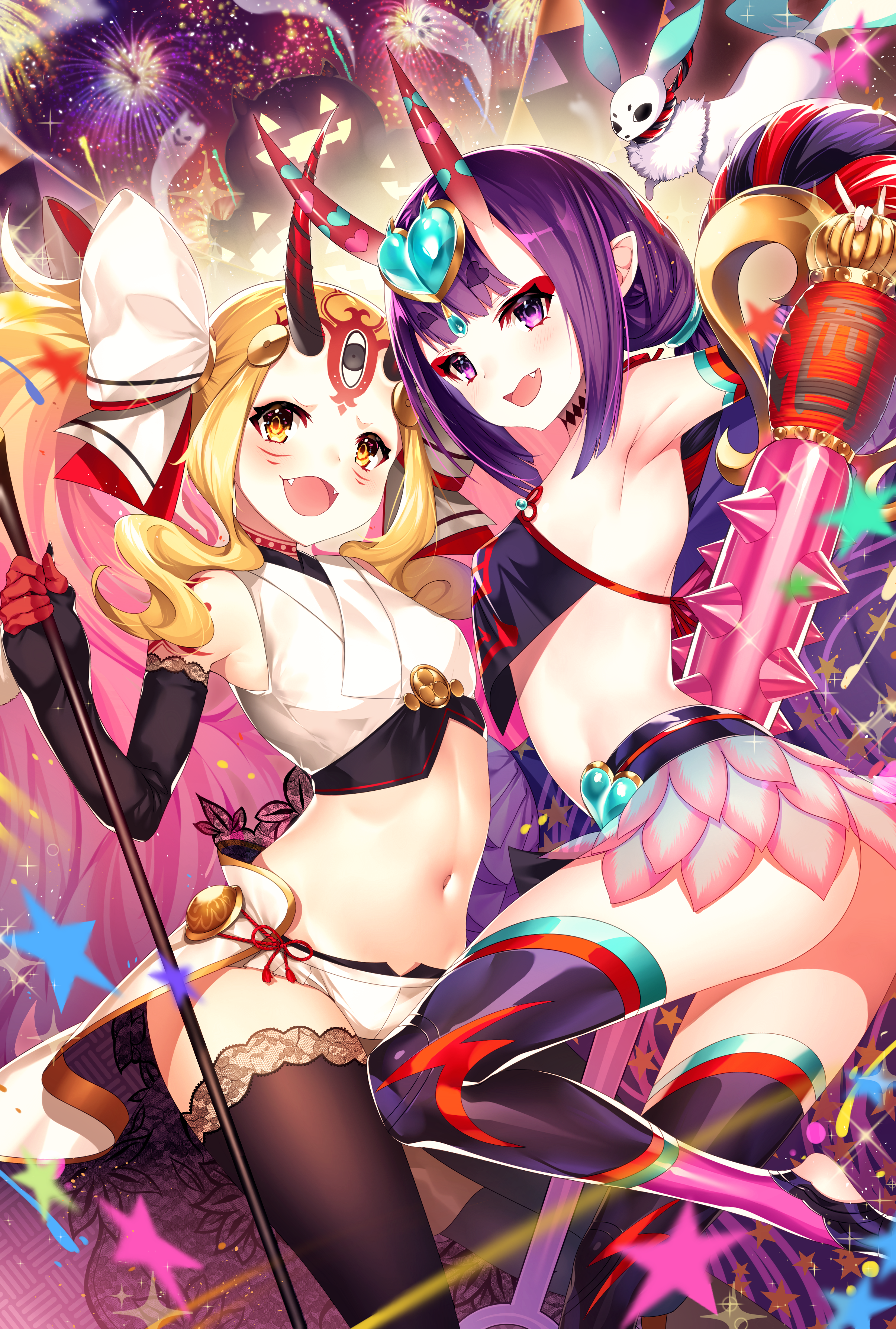 Anime 2410x3575 Hamada Pochiwo Fate series Fate/Grand Order shorts Ibaraki Douji Shuten Douji (Fate/Grand Order) long hair fireworks ass black gloves blonde blurry background blushing brown eyes chinese clothing crop top depth of field elbow gloves fangs fingerless gloves fingernails gloves Halloween heart horns twintails toeless legwear thigh-highs spikes smiling small boobs purple eyes open mouth short shorts belly lace anime girls loli