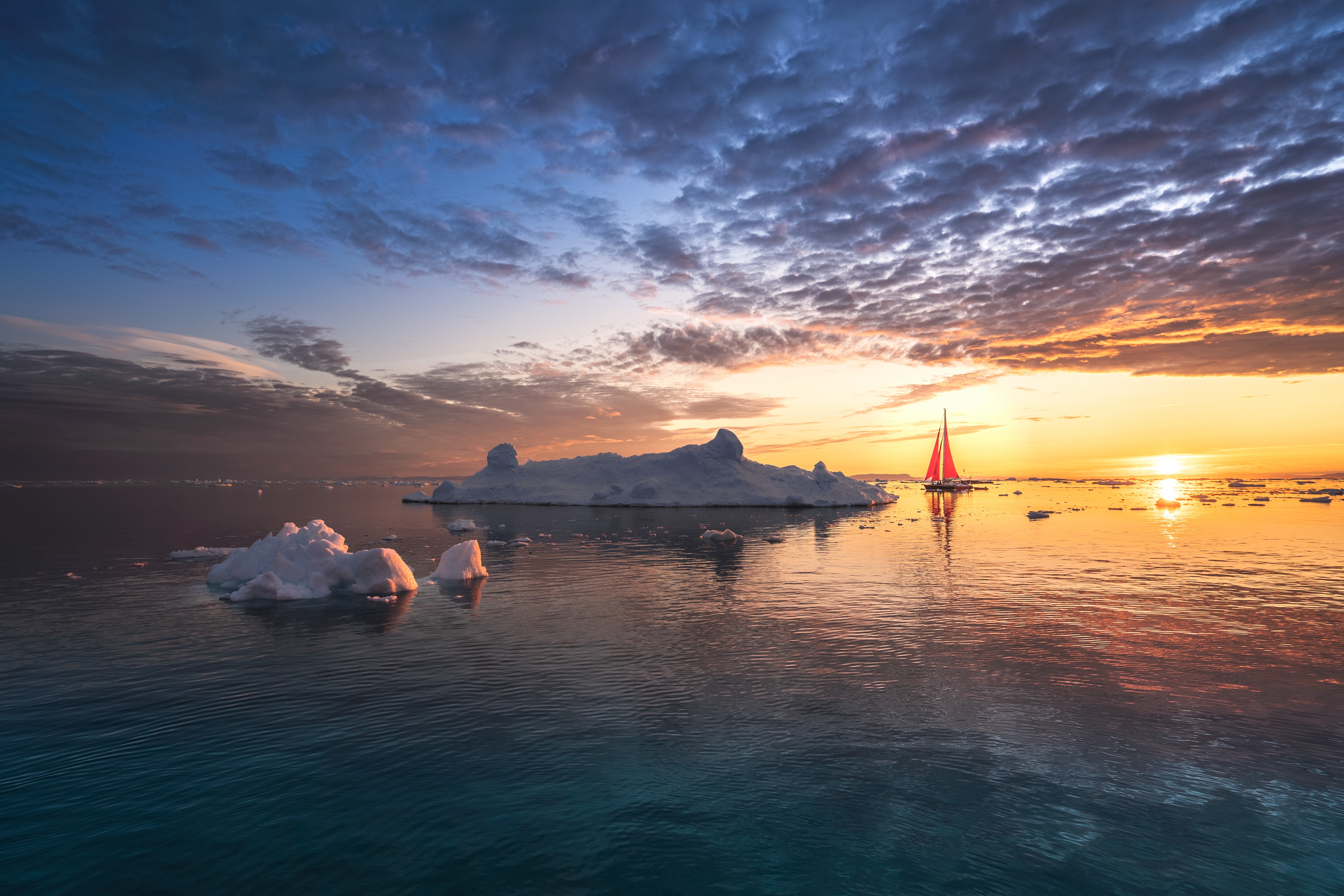 General 5963x3975 photography sunset ice snow sea sailing boat iceberg nature landscape clouds sailboats water