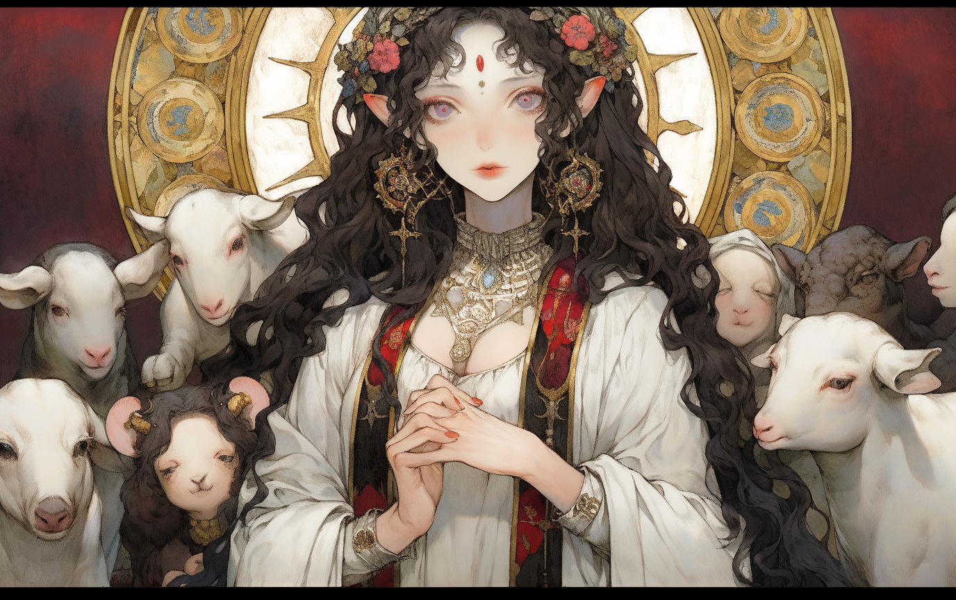 General 1376x864 goats sheep robes cartoon AI art looking at viewer animals earring flower in hair pointy ears long hair