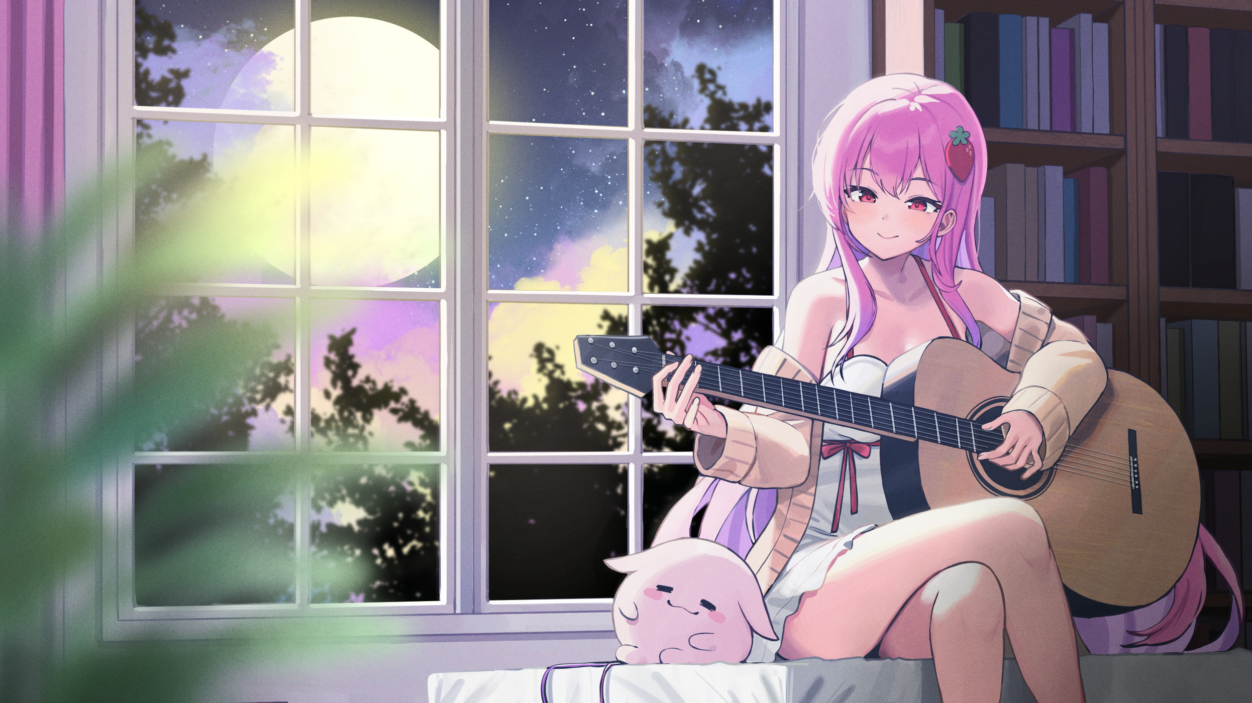Anime 2492x1400 Twin (artist) legs crossed anime girls full moon Moon original characters pink hair long hair purple eyes blushing bookshelves guitar window hair ornament musical instrument legs dress white dress stars starry night night clouds trees smiling leaves sky bare shoulders cardigan halter dress sweater open clothes sitting women indoors creature