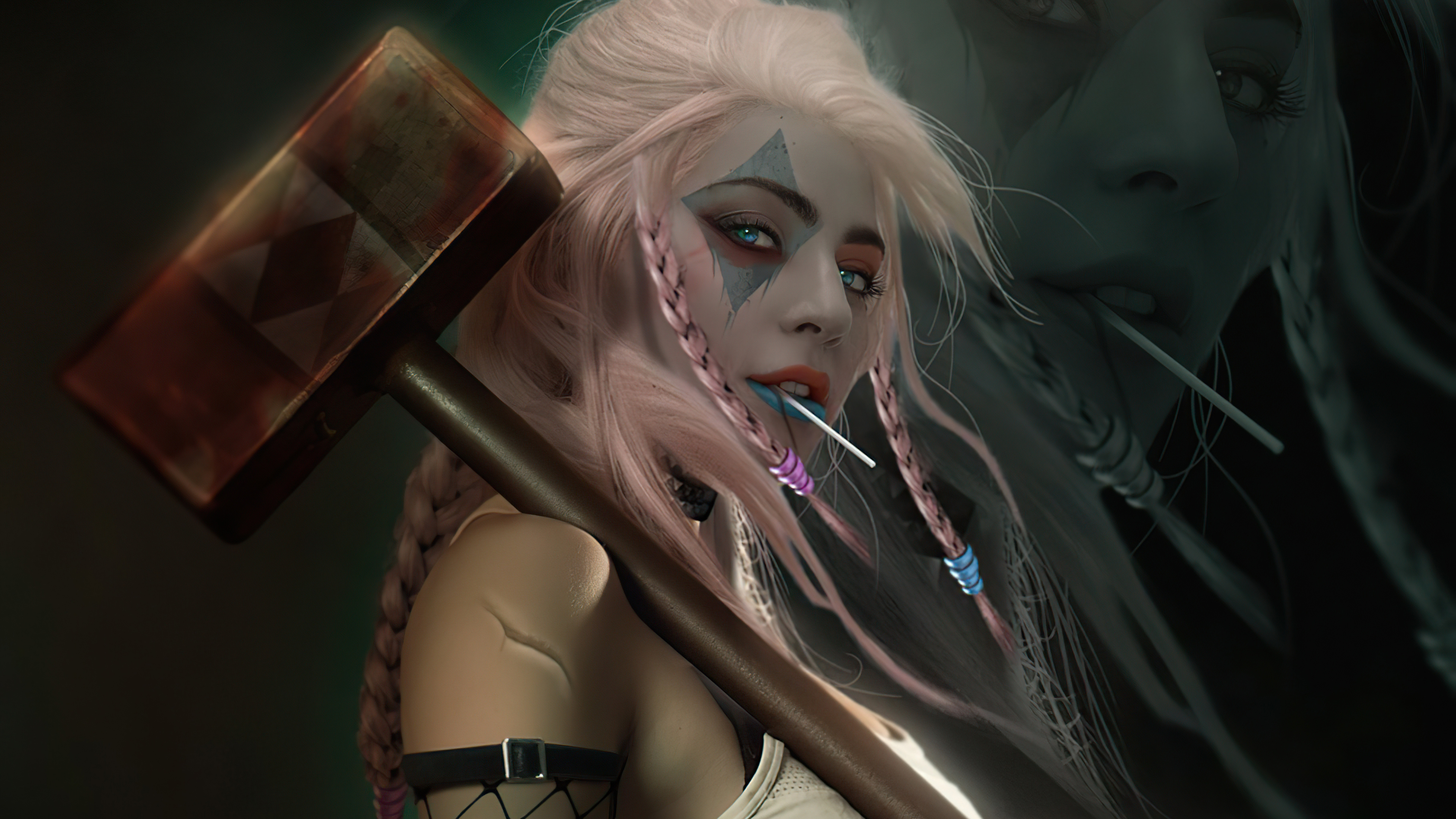 General 3840x2160 Harley Quinn weapon hammer braids makeup looking at viewer long hair simple background AI art women Lady Gaga