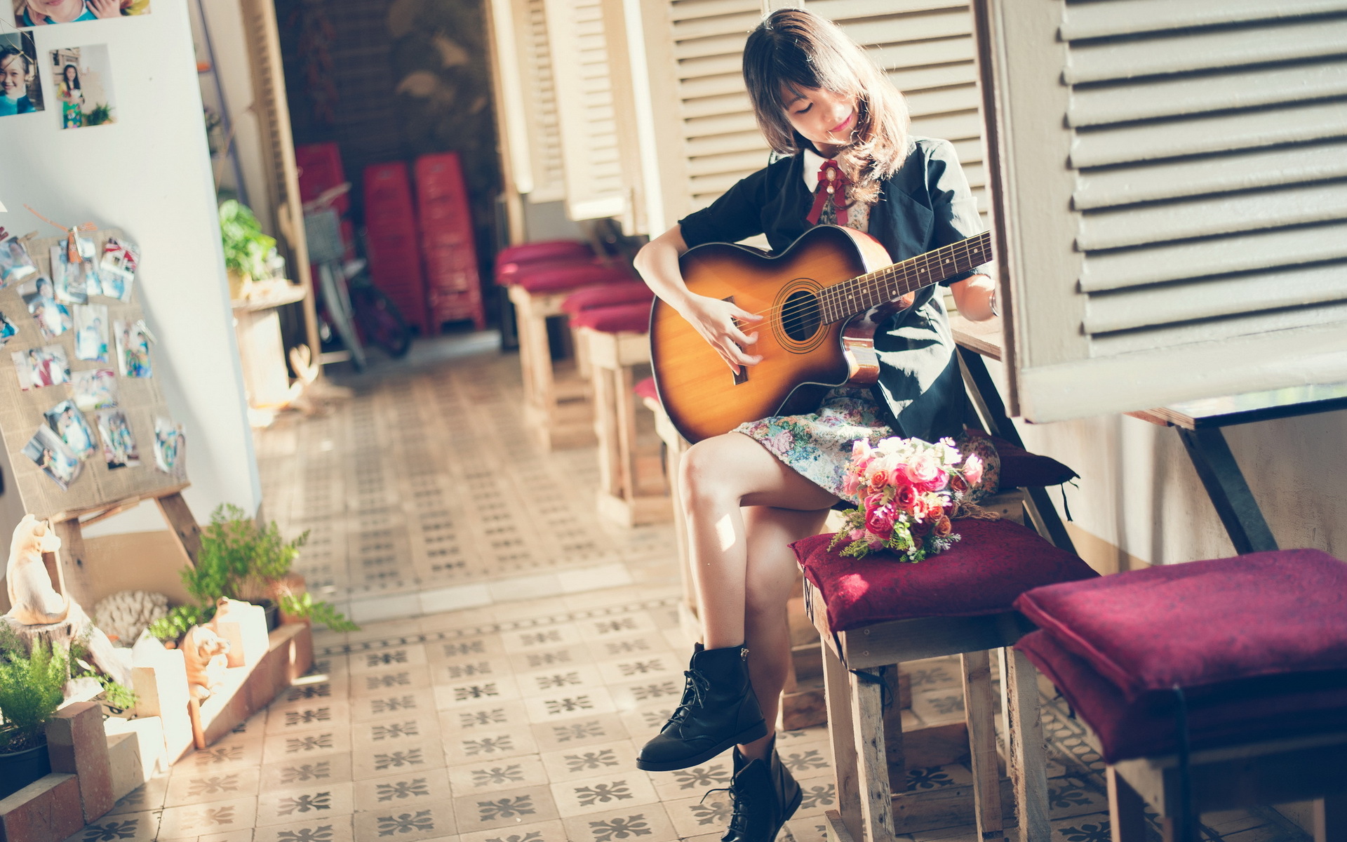 People 1920x1200 women guitar sitting smiling flowers musical instrument Asian