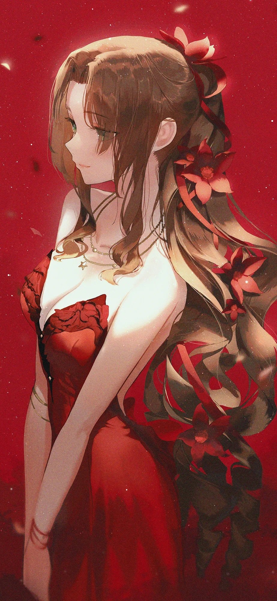 Anime 923x2000 women long hair Final Fantasy Aerith Gainsborough red dress anime anime girls bare shoulders portrait display flower in hair necklace simple background Seol