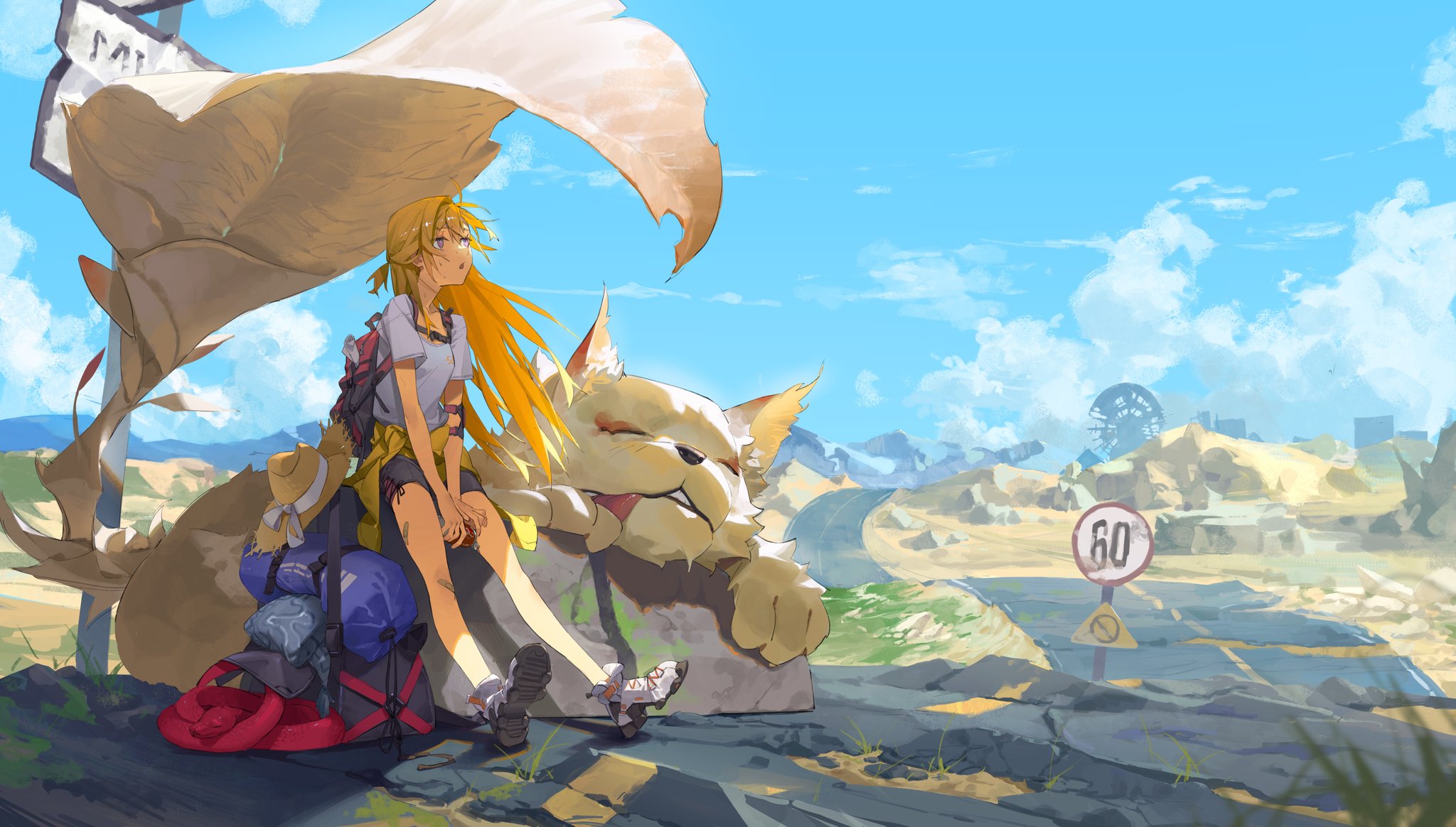 Anime 2048x1164 anime girls desert dog blonde long hair looking up sky clouds road signs animals band-aid sweat daylight