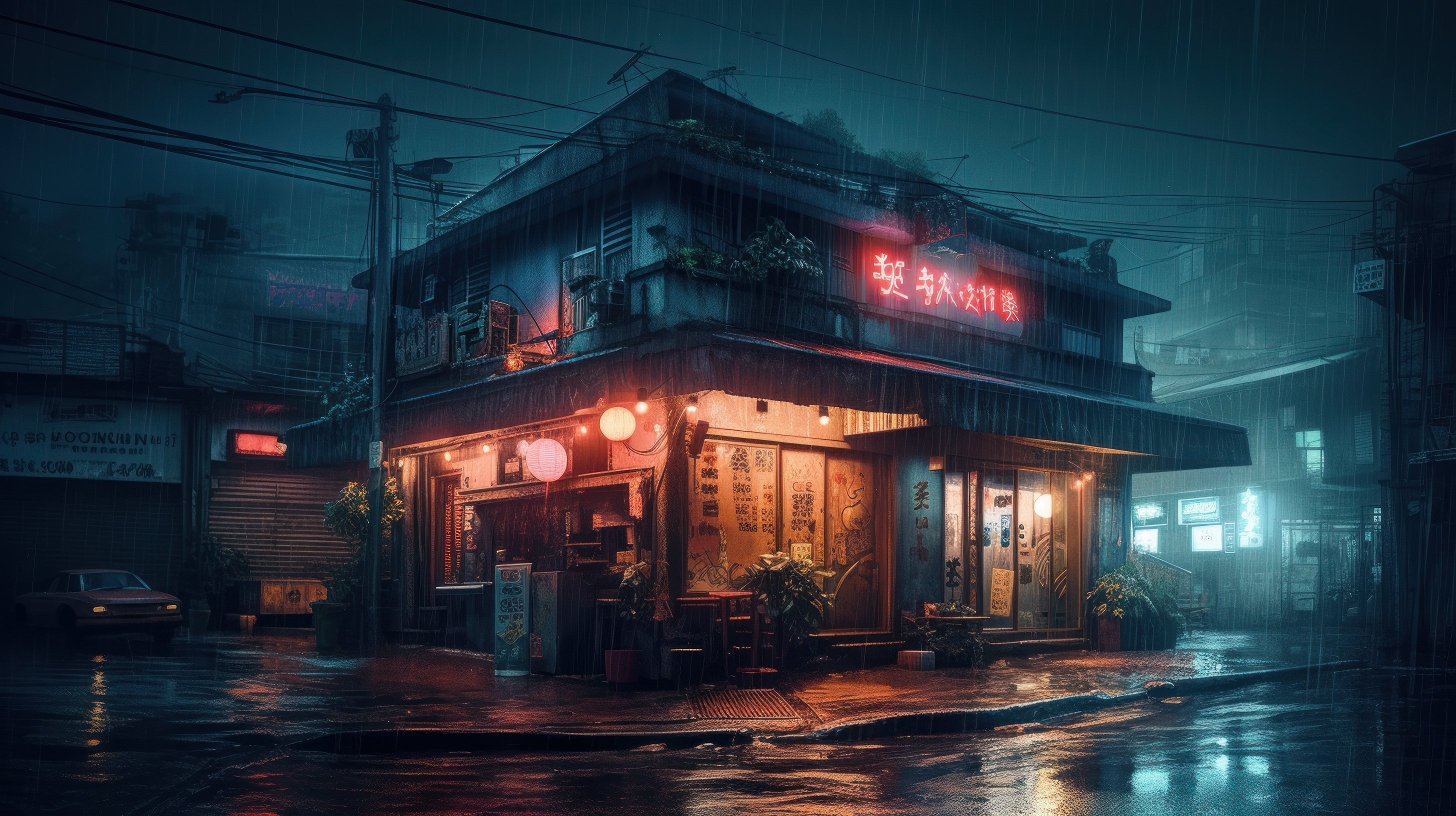 General 2912x1632 AI art illustration cyberpunk neon Japanese house Blue hour building rain lights plants car night