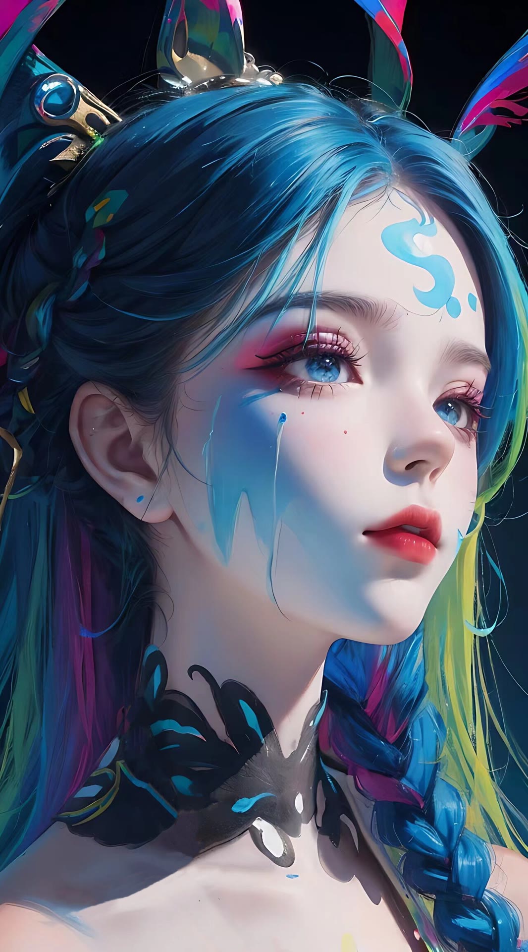 Anime 1066x1920 AI art face paint Asian women colorful portrait display braids looking away