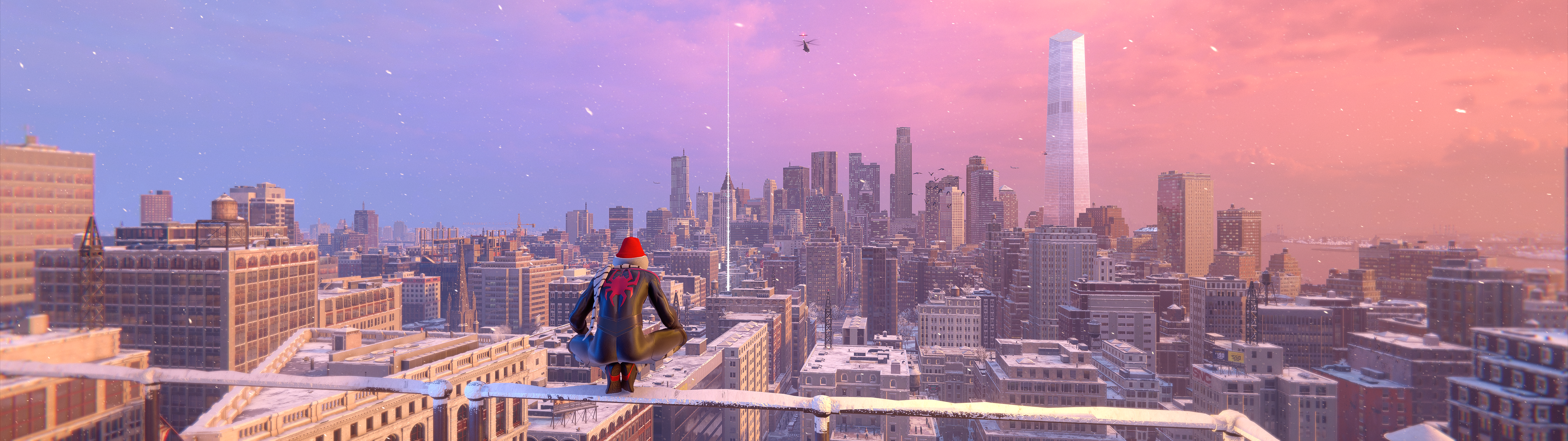 General 5120x1440 Spider-Man Miles Morales ultrawide video game characters New York City winter building cityscape helicopters sunset sunset glow city sky digital art