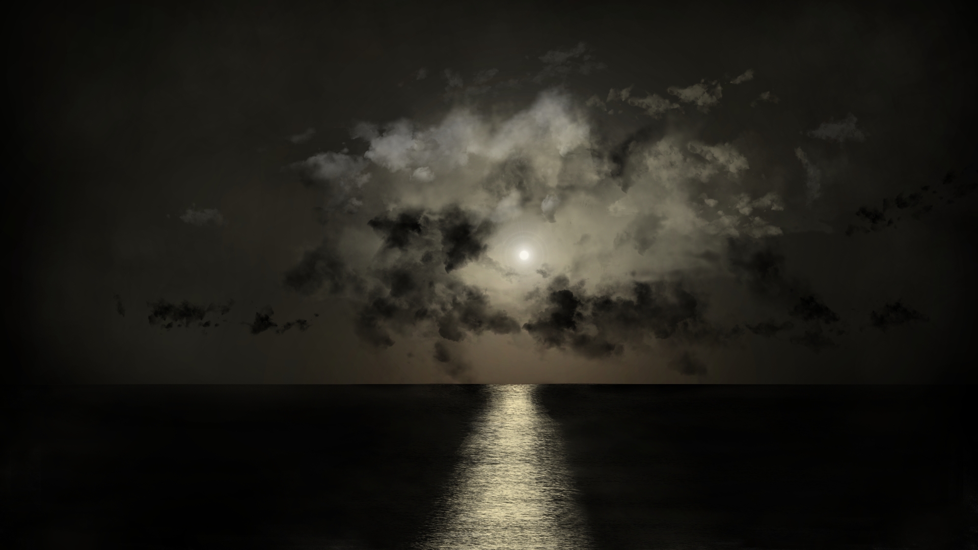 General 1920x1080 digital painting digital art moon rays clouds night reflection water