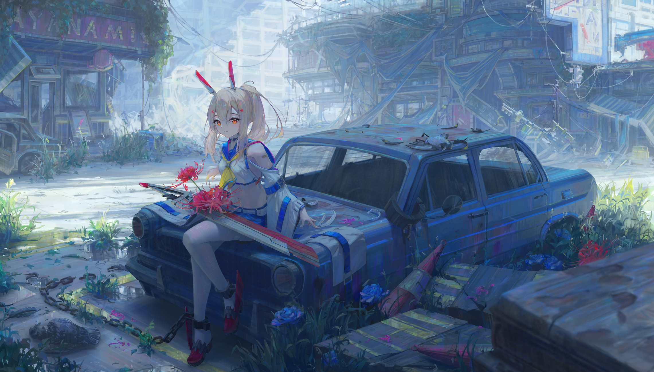 Anime 2282x1300 Azur Lane Ayanami (Azur Lane) anime girls sitting car flowers chains looking at viewer ponytail traffic cone messy Destroyed city ruins ruins