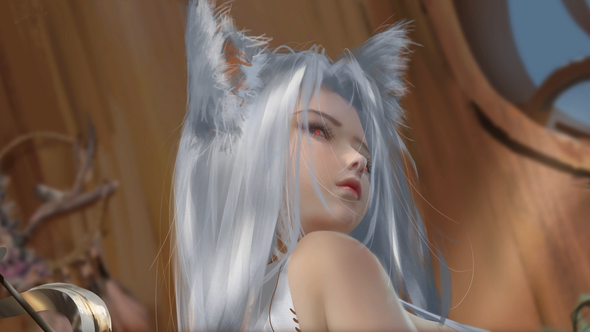 General 1920x1080 fox girl fox ears animal ears women silver hair looking at viewer digital art closeup
