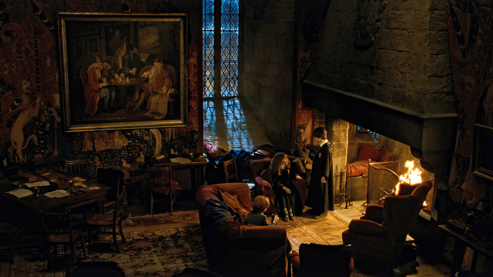 People 1920x1080 Harry Potter and the Sorcerer's Stone movies film stills J.K. Rowling Harry Potter Hermione Granger Ron Weasley Daniel Radcliffe Emma Watson Rupert Grint Gryffindor fire couch chair painting table window fireplace