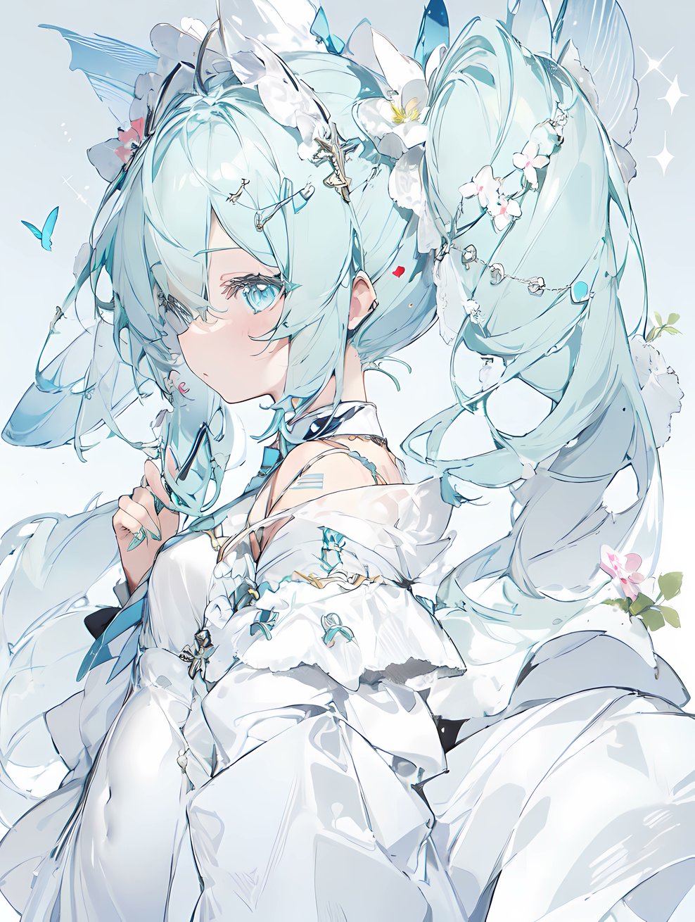 Anime 988x1310 Hatsune Miku anime Vocaloid anime girls portrait display twintails long hair flower in hair blue hair blue eyes looking at viewer flowers white background