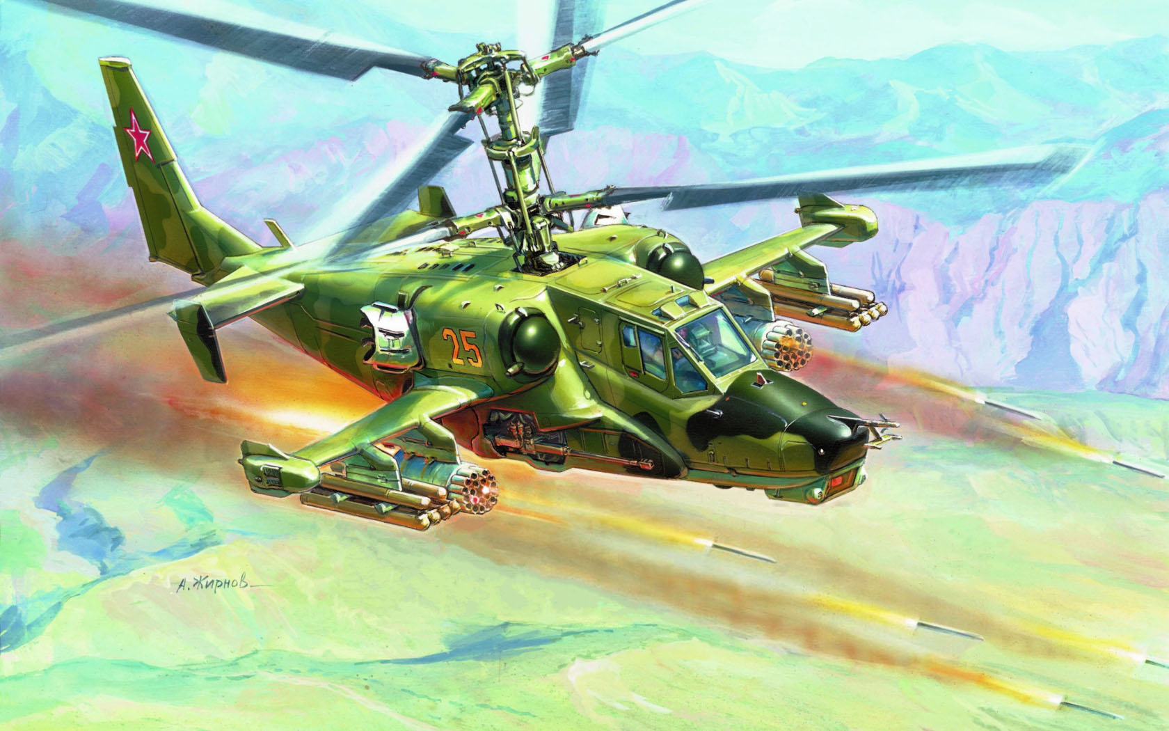 General 1680x1050 aircraft army military flying military vehicle artwork sky signature missiles Kamov ka-50 attack helicopters Andrei Zhirnov Boxart Kamov (Company) Russian/Soviet aircraft