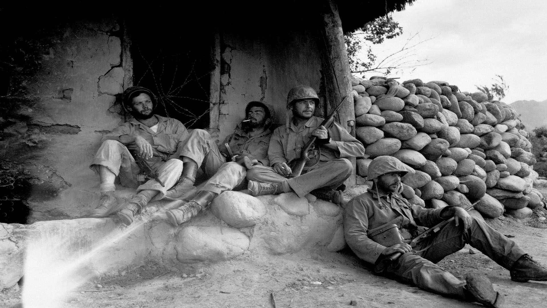 General 1920x1080 Korean War United States Marine Corps monochrome men helmet gun lying on back war rocks military