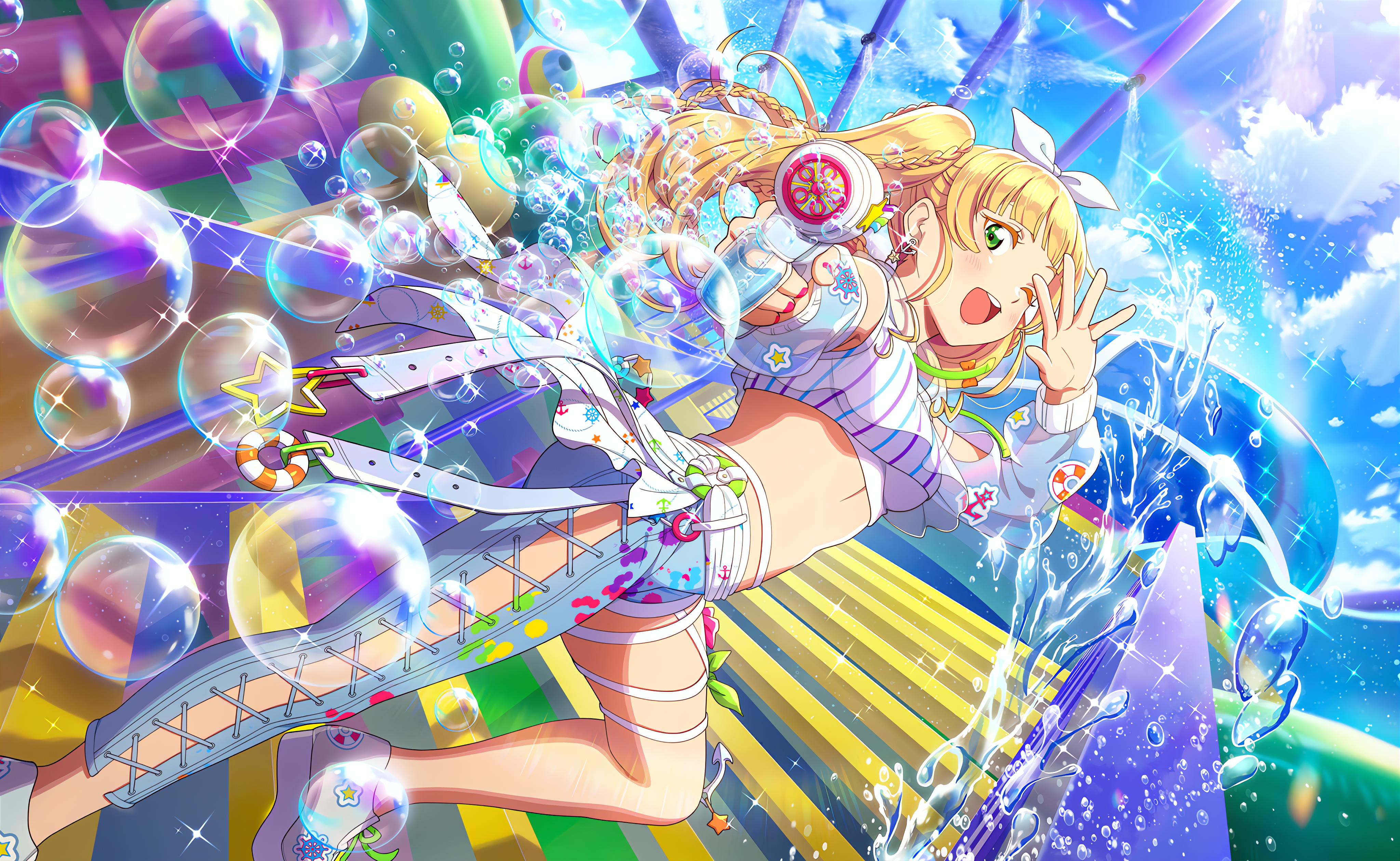 Anime 4096x2520 Heanna Sumire Love Live! Love Live! Super Star!! anime anime girls bubbles stars looking at viewer stairs twintails rainbows sky clouds water