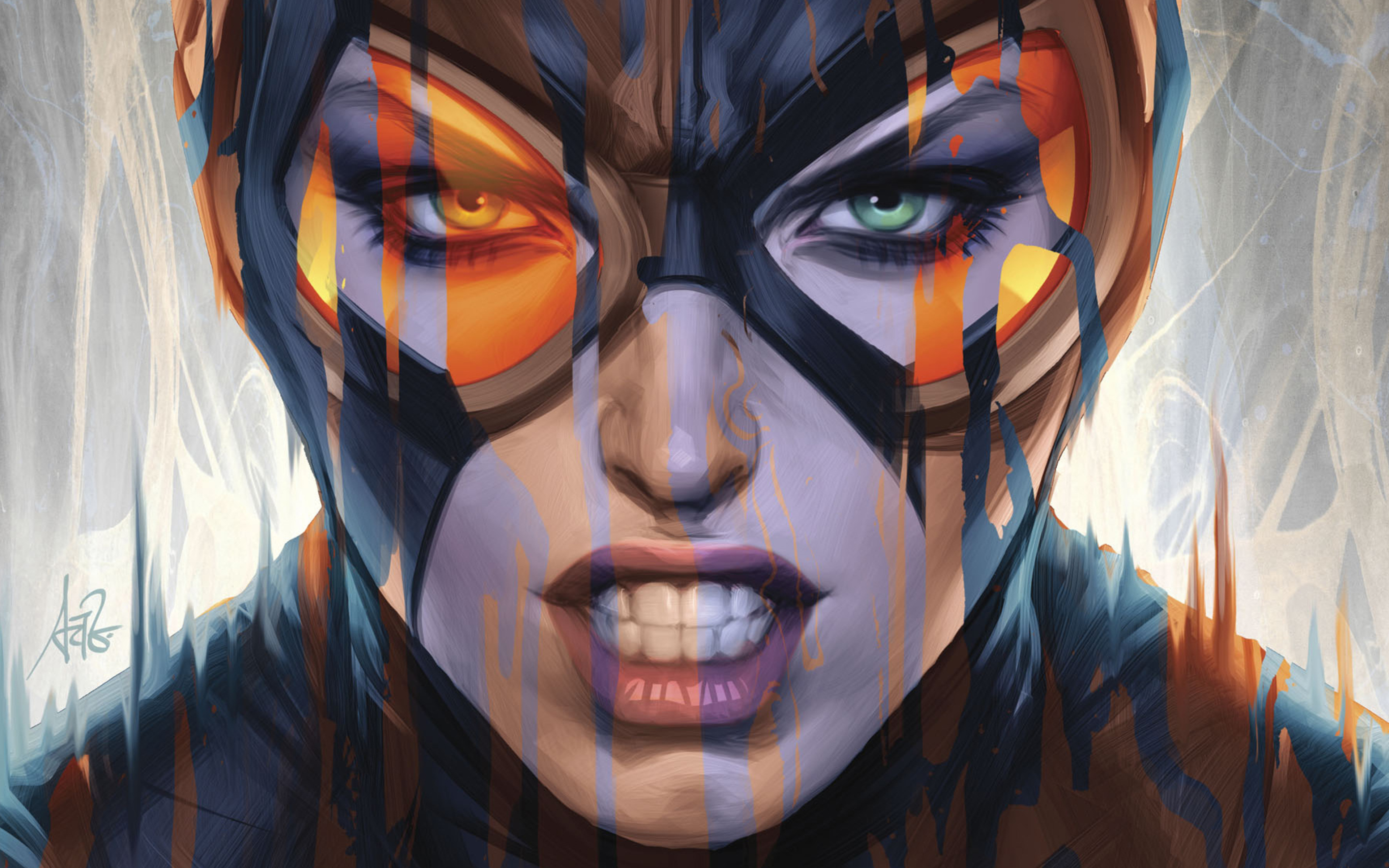 General 3840x2400 Catwoman mask DC Comics teeth villains looking at viewer signature closeup face eyes lips minimalism Artgerm digital art watermarked people