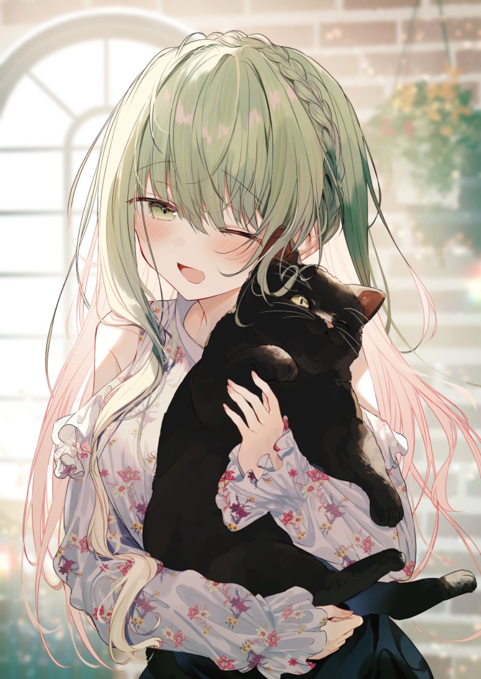 Anime 988x1396 anime anime girls portrait display long hair one eye closed blushing cats animals looking at viewer braids
