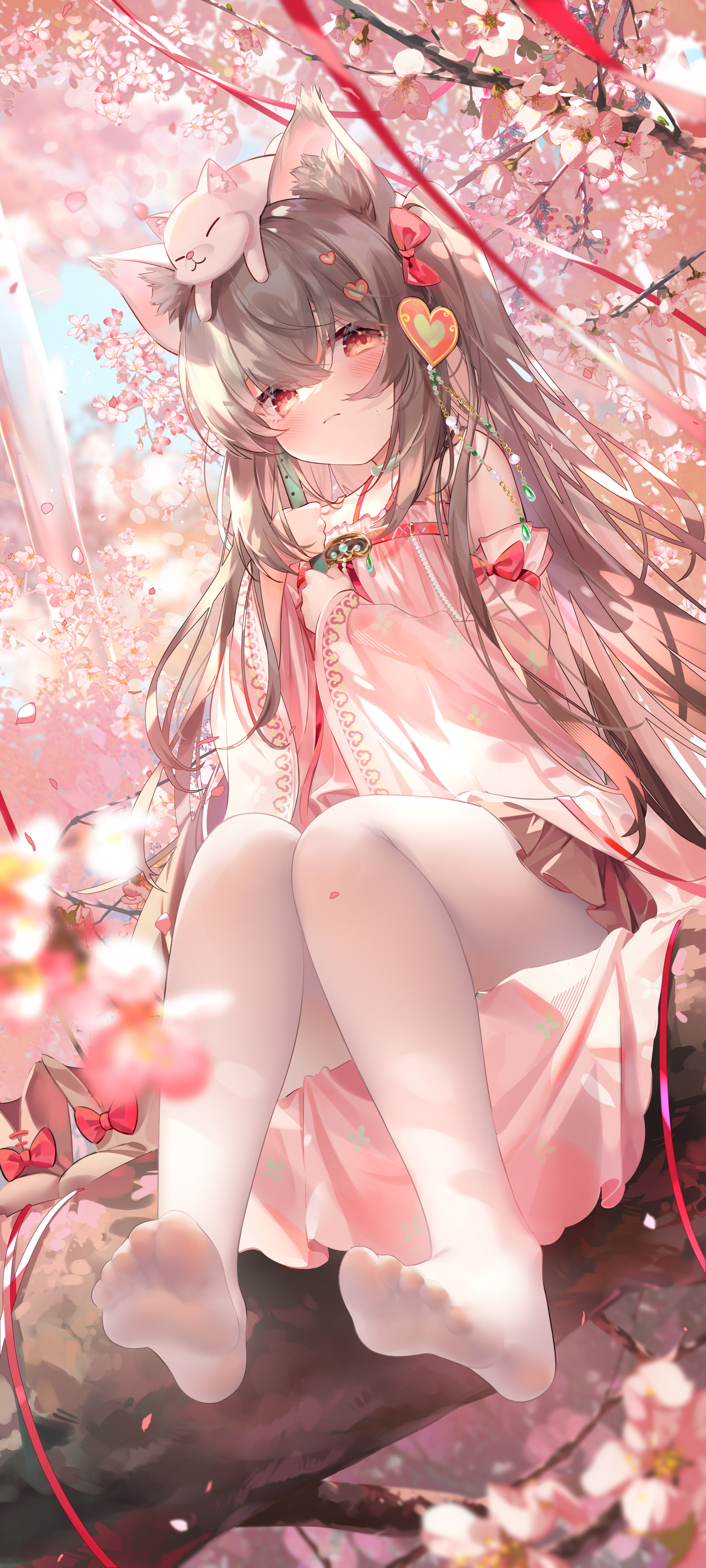 Anime 2420x5374 Chen Bin anime cats pink feet cat ears anime girls pantyhose flowers petals blushing looking at viewer long hair animals sitting portrait display
