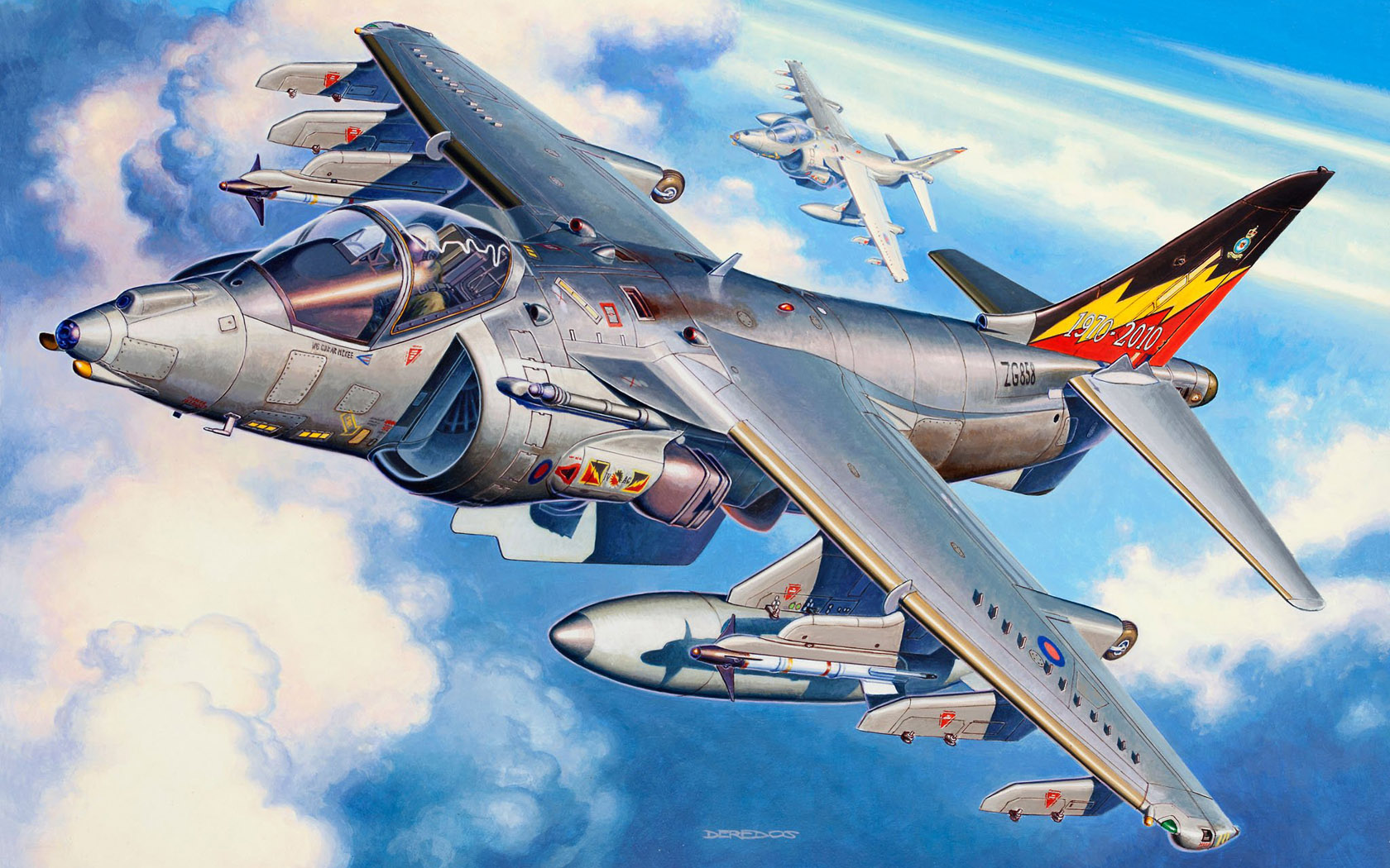 General 1680x1050 aircraft flying sky military artwork clouds missiles jet fighter Royal Navy military aircraft Harrier Andrzej Deredos Boxart