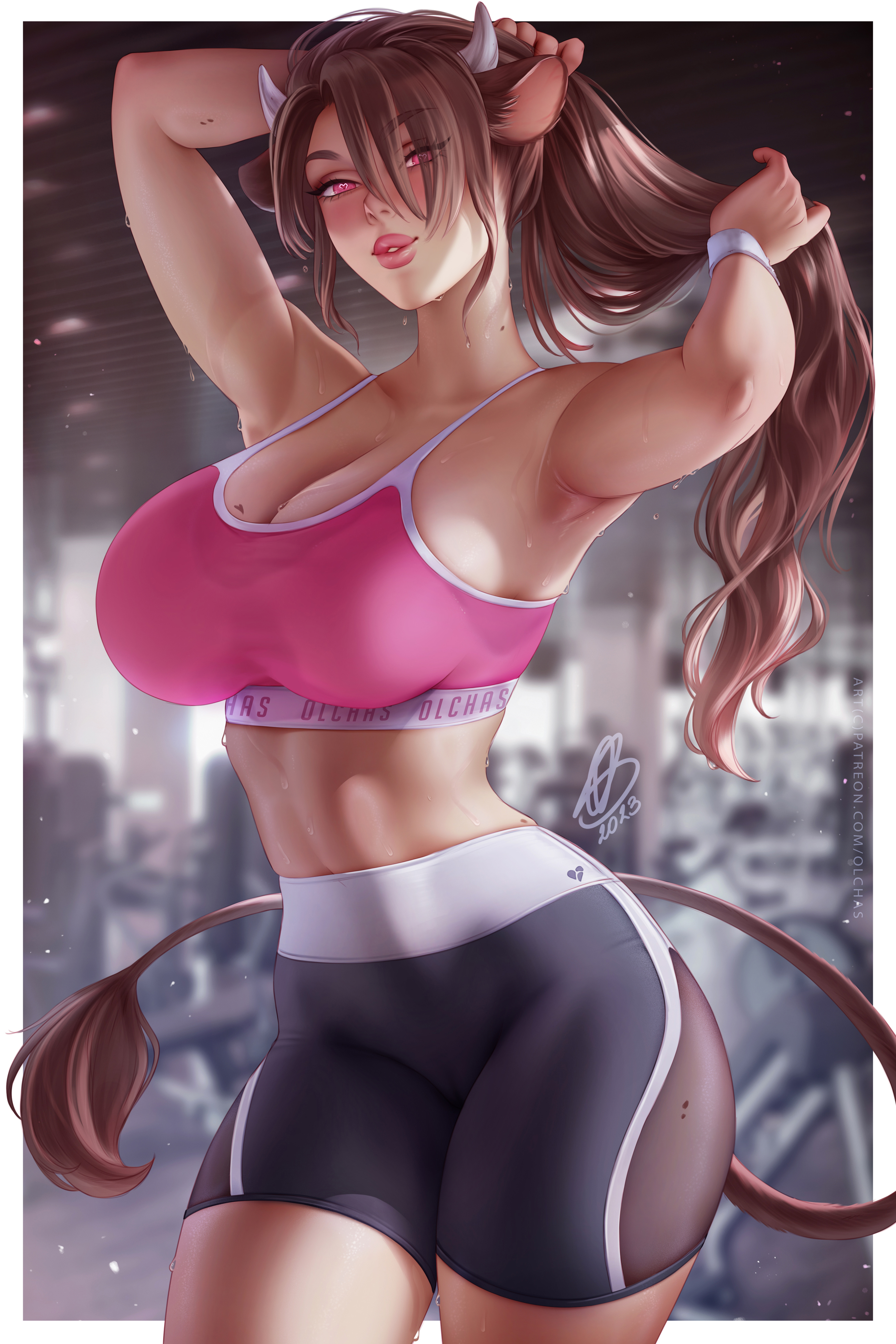 General 2600x3900 Mui (OC) original characters fantasy girl cow girl animal ears gyms sportswear artwork drawing OlchaS sweat portrait display long hair looking at viewer Cow tail armpits sports bra sports shorts big boobs watermarked sweaty body