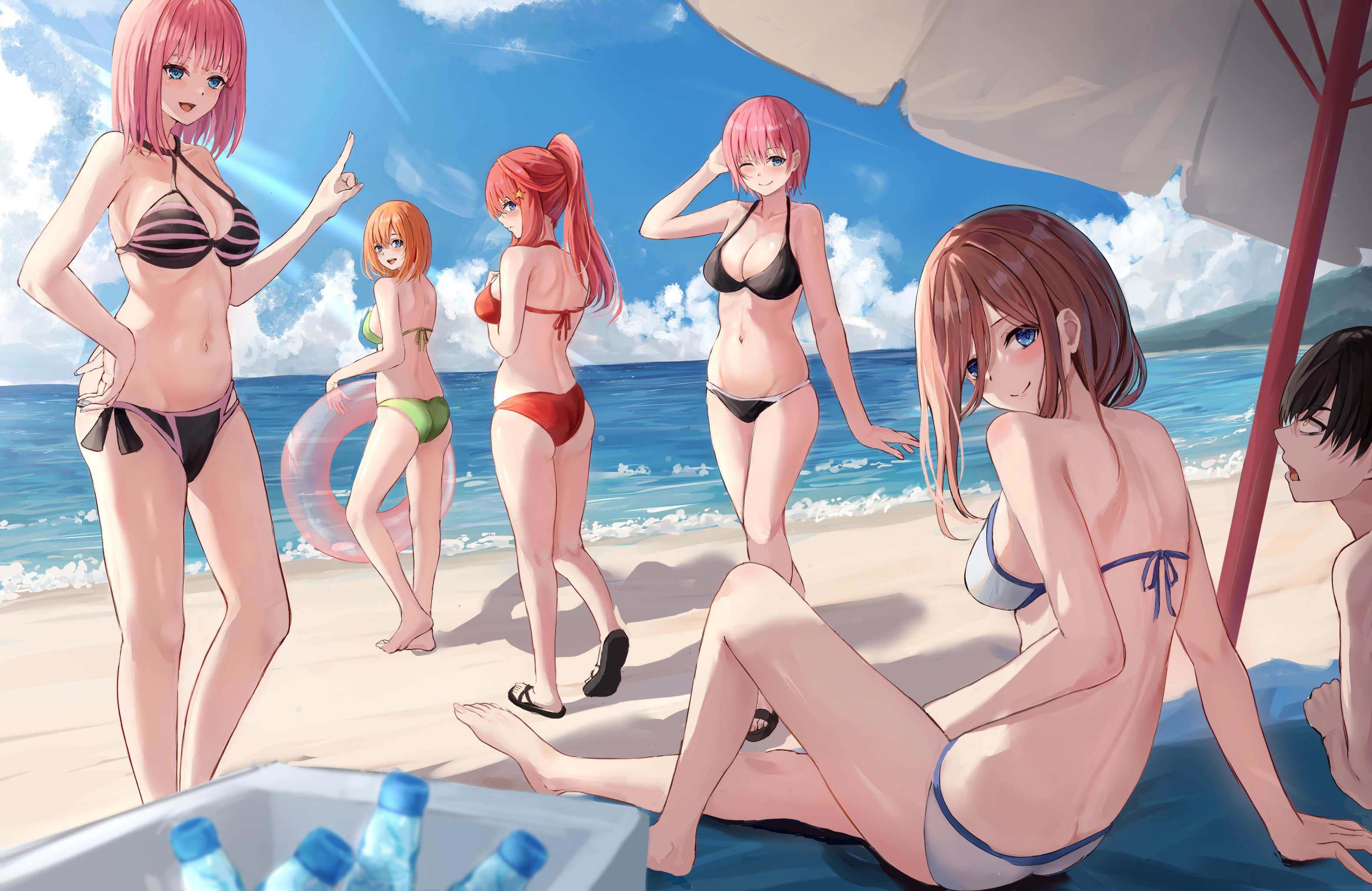 Anime 3160x2053 anime anime girls bikini ass blushing smiling looking at viewer 5-toubun no Hanayome sky clouds sunlight beach water waves floater anime boys umbrella sand