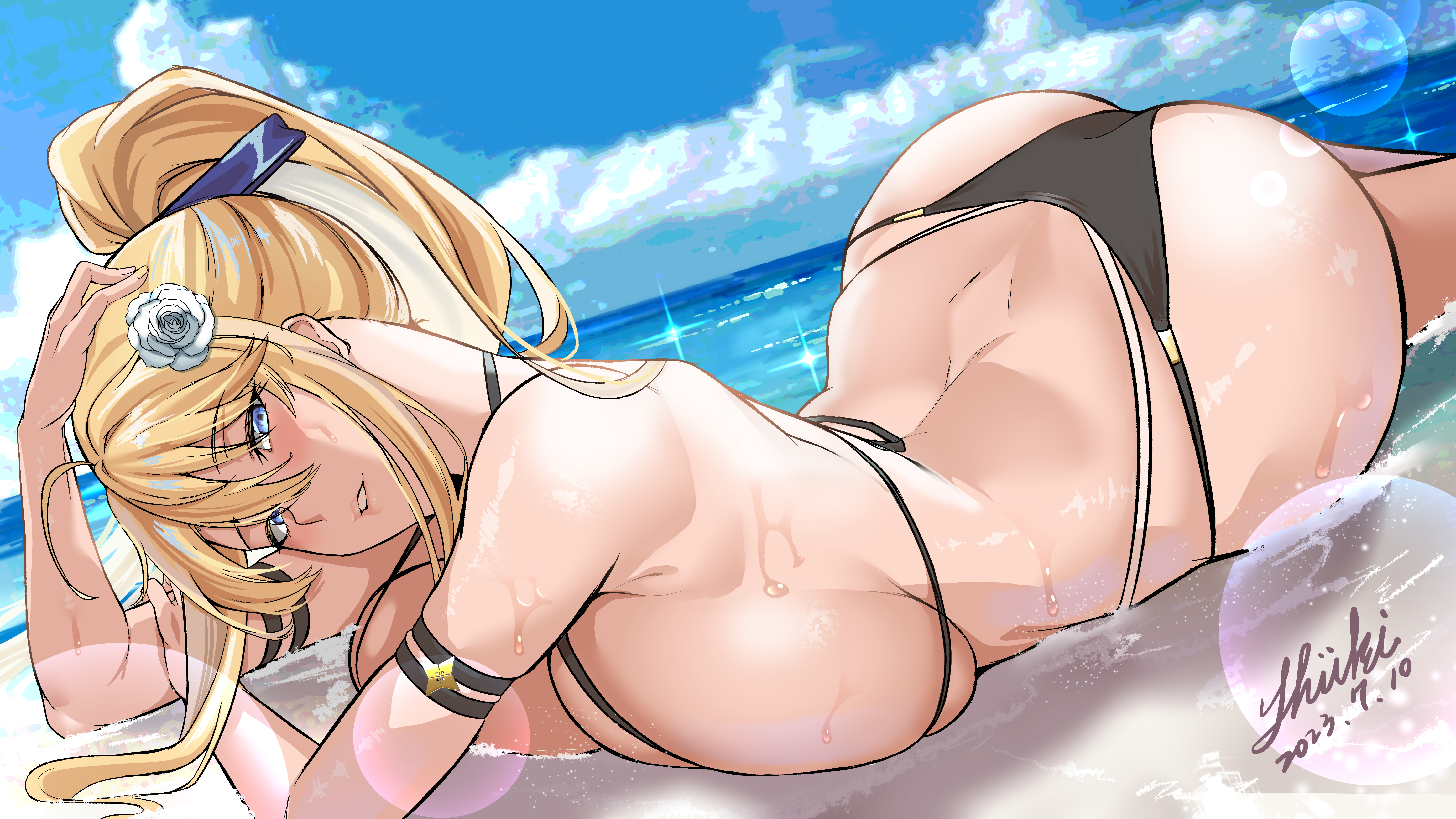 Anime 7559x4252 Fate/Grand Order beach Fate series black bikinis Artoria Pendragon water anime girls thick ass ass looking at viewer women on beach wet lying on beach long hair blonde black swimsuit lying down huge breasts wet body lying on front sideboob lens flare head tilt bare shoulders signature blushing flower in hair flowers blue eyes armpits swimwear ponytail white flowers clouds sea smiling sky bright