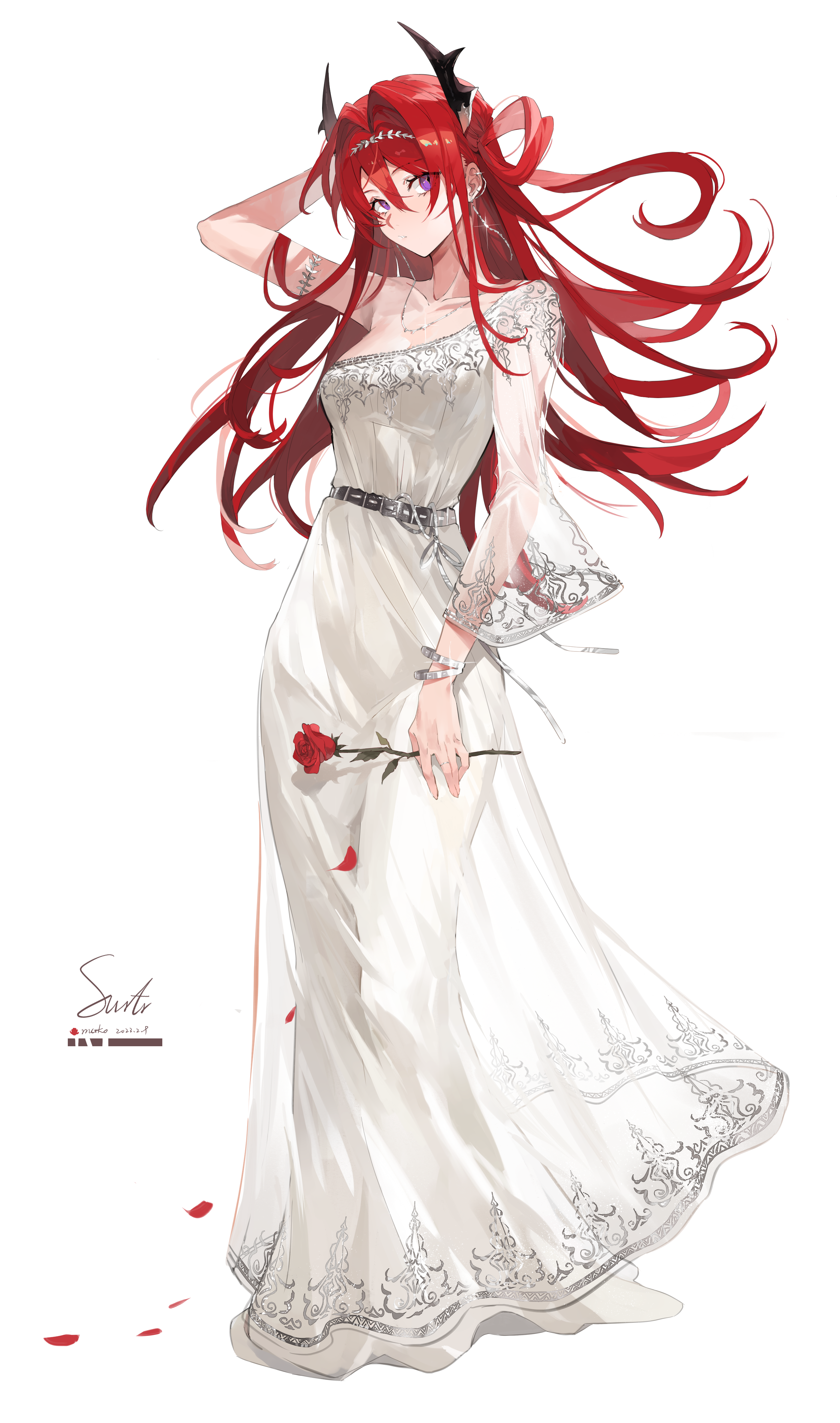 Anime 2800x4740 anime anime girls Arknights Surtr (Arknights) portrait display dress rose horns redhead long hair minimalism white background simple background looking at viewer earring watermarked bracelets petals