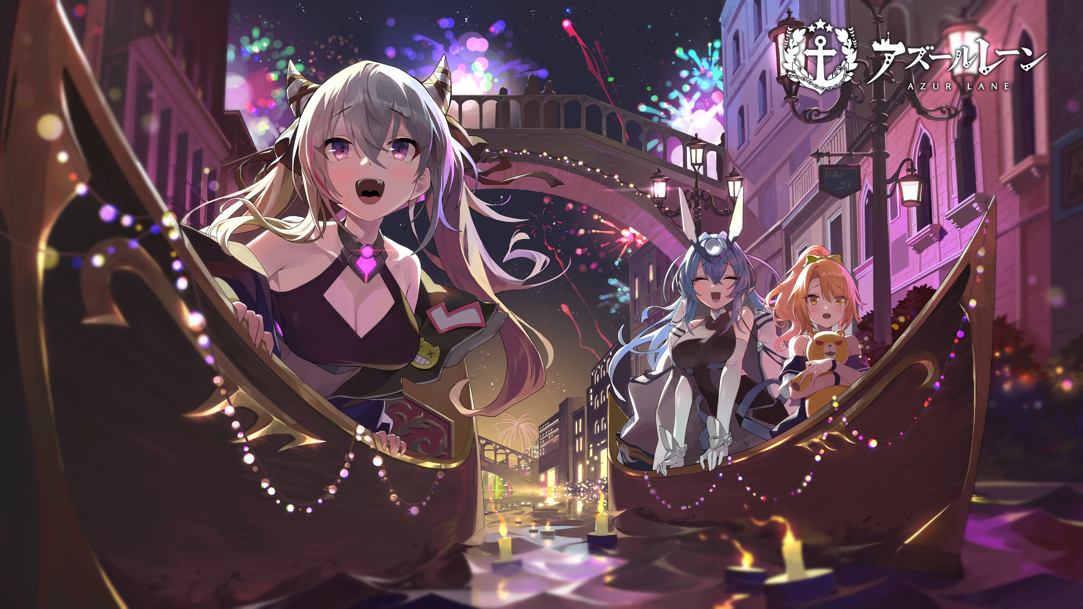 Anime 3556x2000 Azur Lane New Jersey (Azur Lane) anime girls cleavage boat candles bridge fireworks long hair open mouth twintails horns closed eyes water sky night teddy bears
