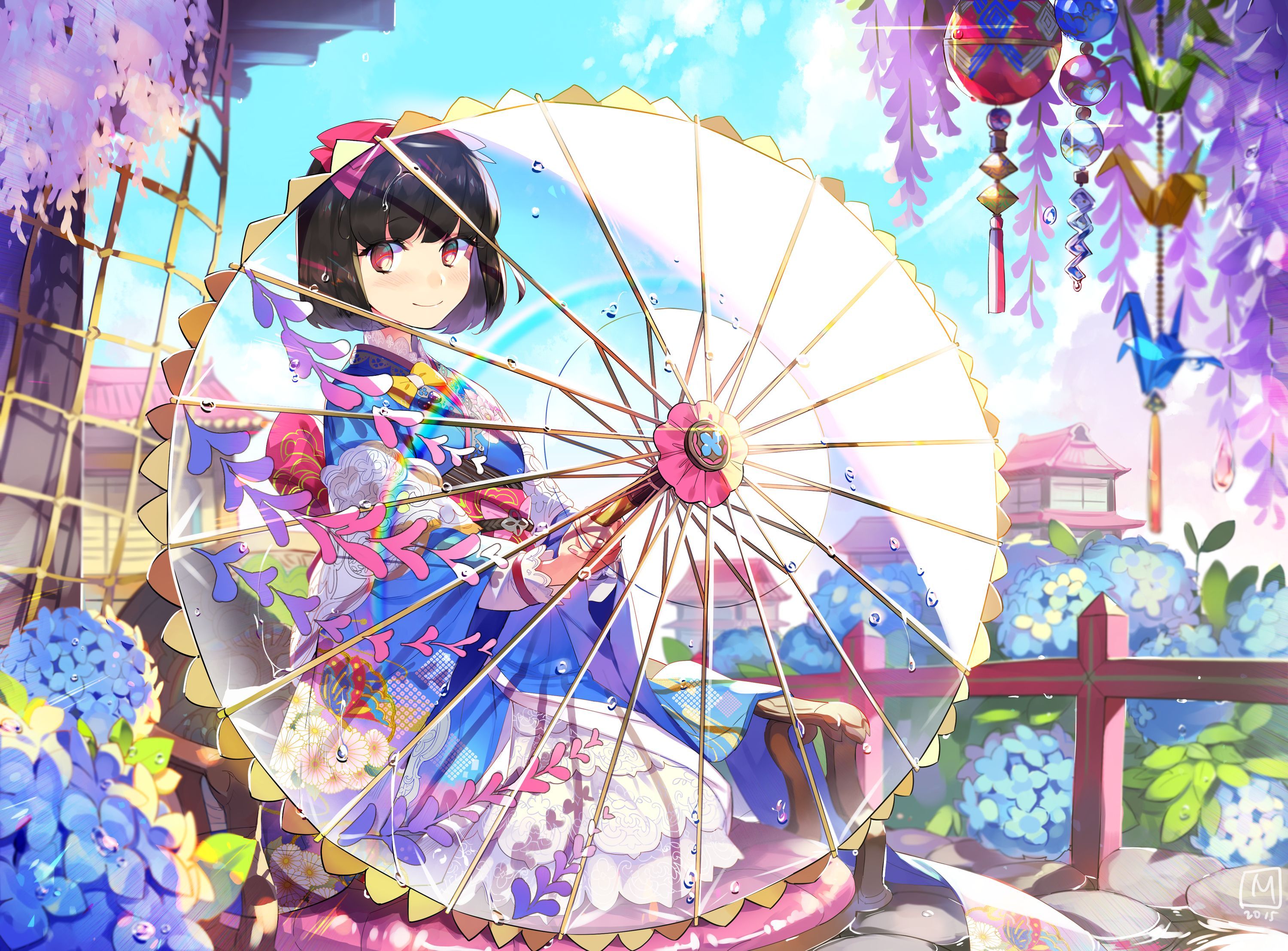 Anime 3000x2216 anime anime girls umbrella kimono smiling short hair looking at viewer flowers sky water drops clouds water rocks