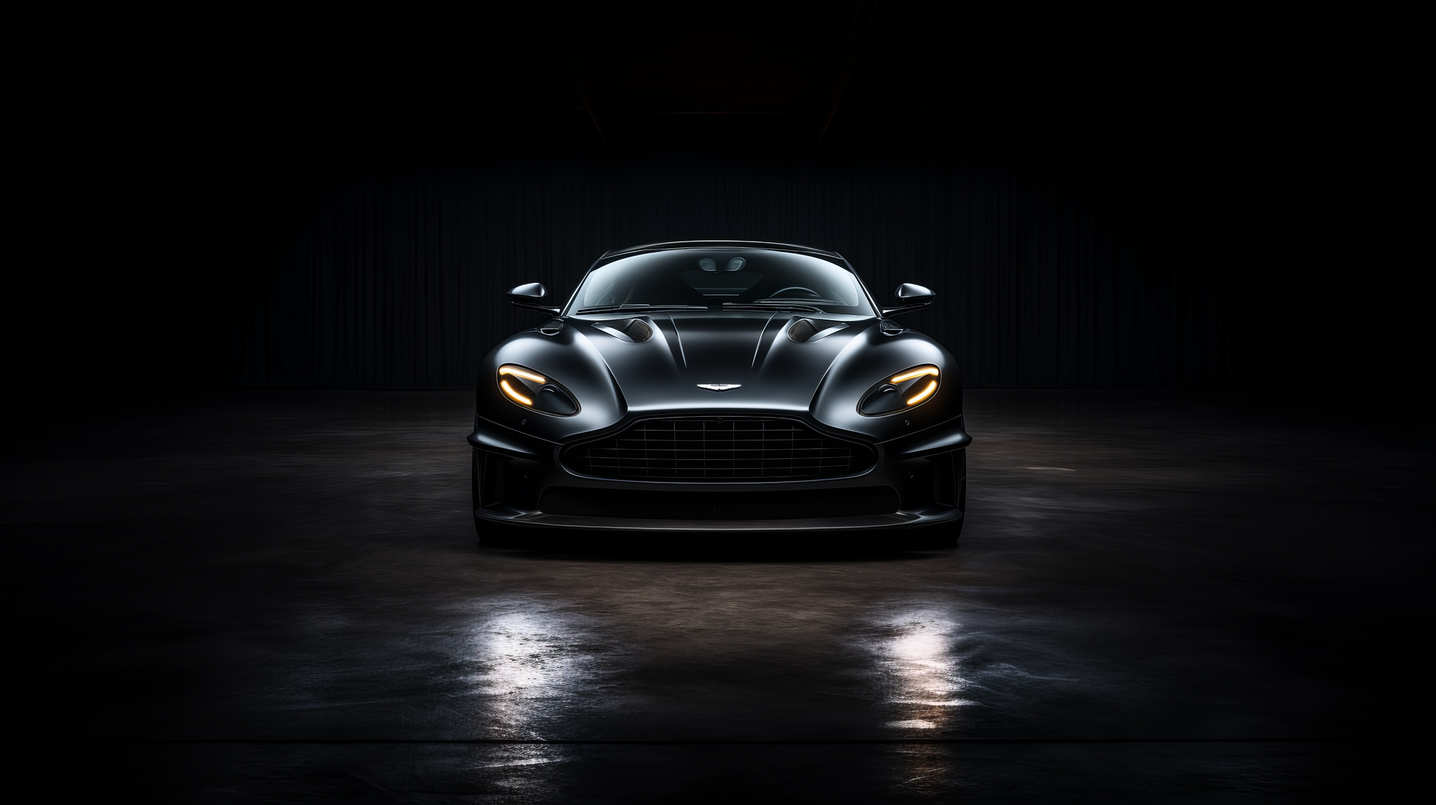 General 2912x1632 AI art sports car Aston Martin black frontal view headlights car simple background black background minimalism