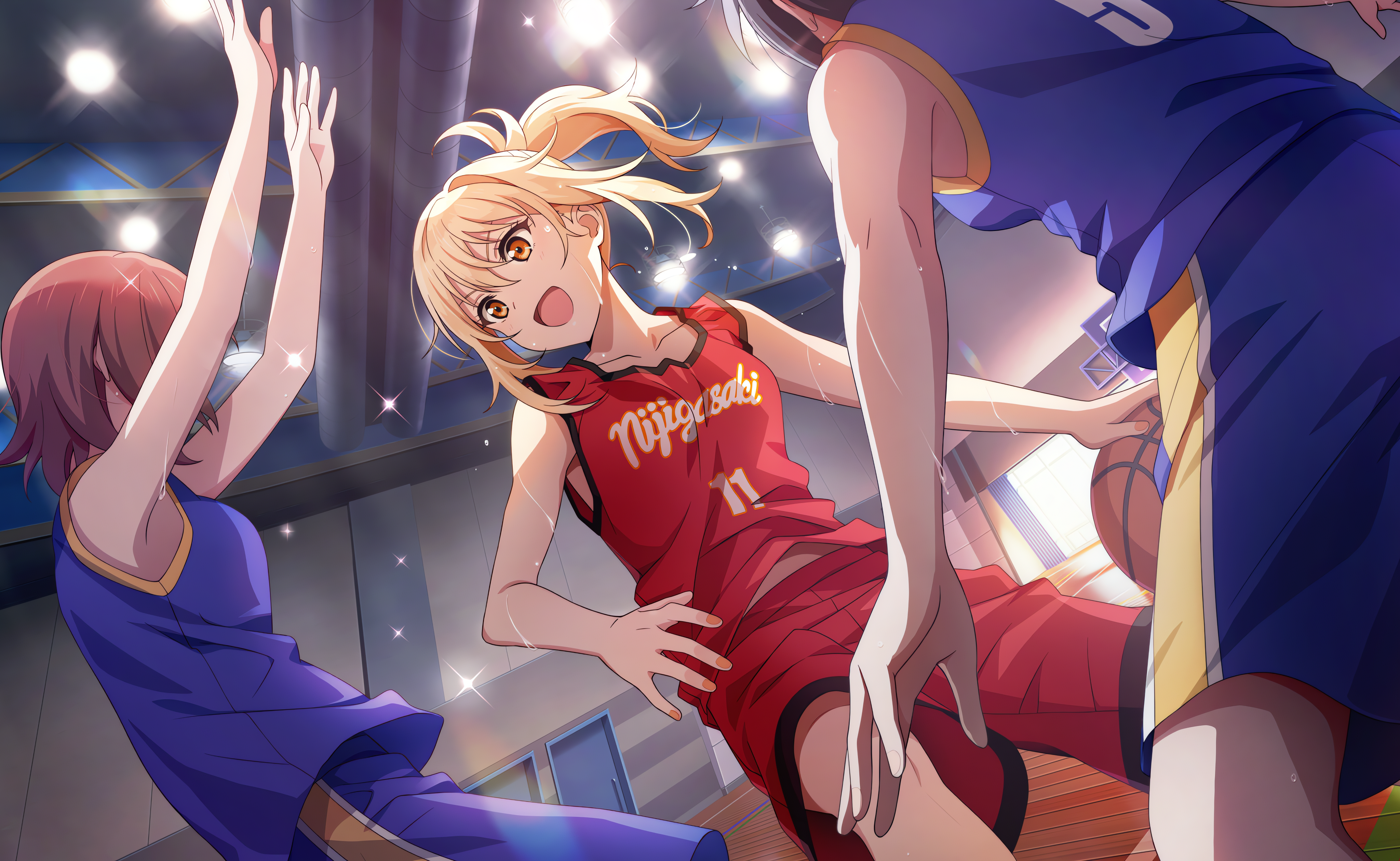 Anime 4096x2520 Miyashita Ai Love Live! Love Live! Nijigasaki High School Idol Club anime anime girls basketball lights stars sweat basketball court
