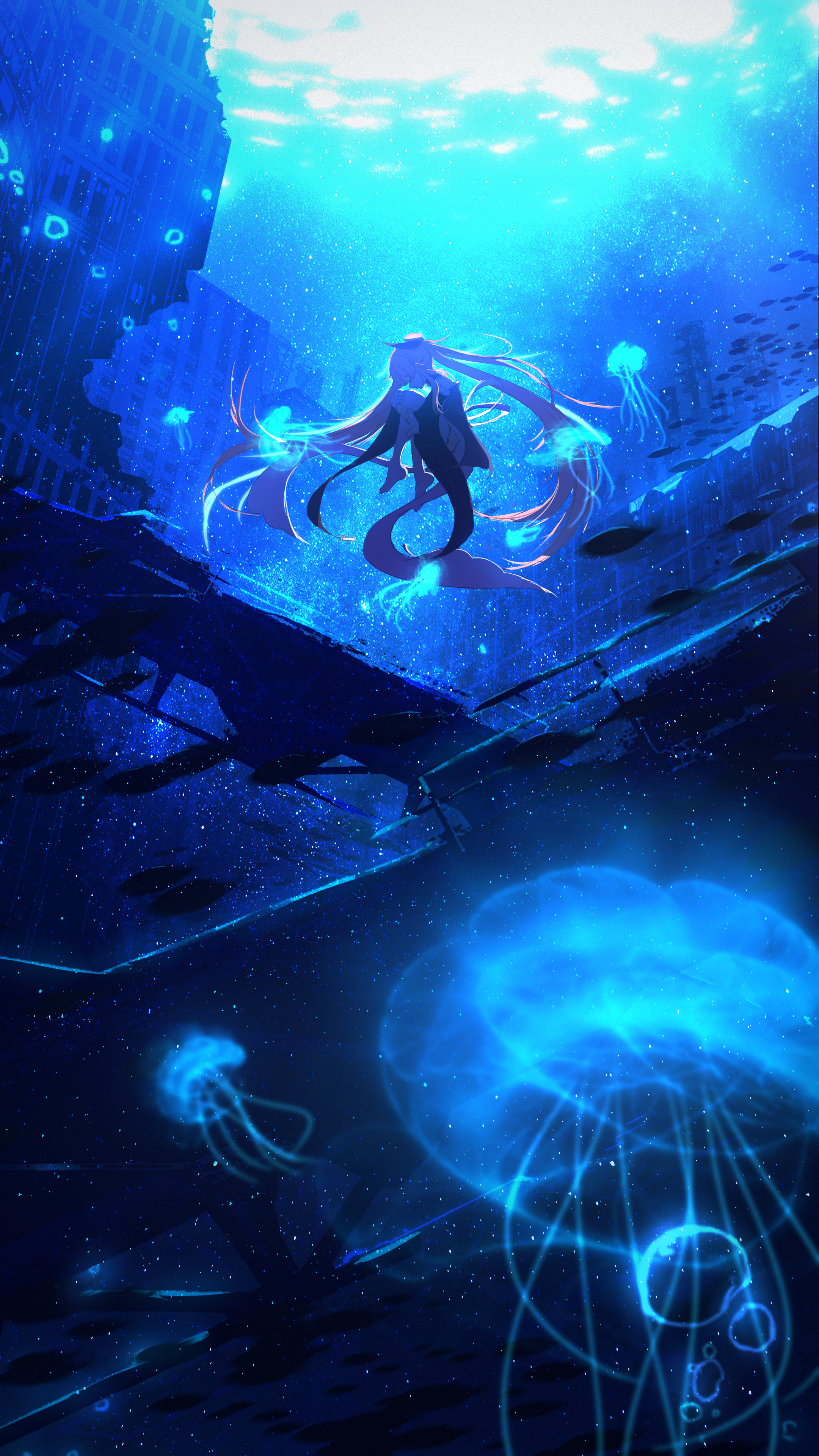 Anime 2160x3840 Sangonomiya Kokomi (Genshin Impact) anime girls anime long hair Genshin Impact portrait display jellyfish sunlight water underwater animals