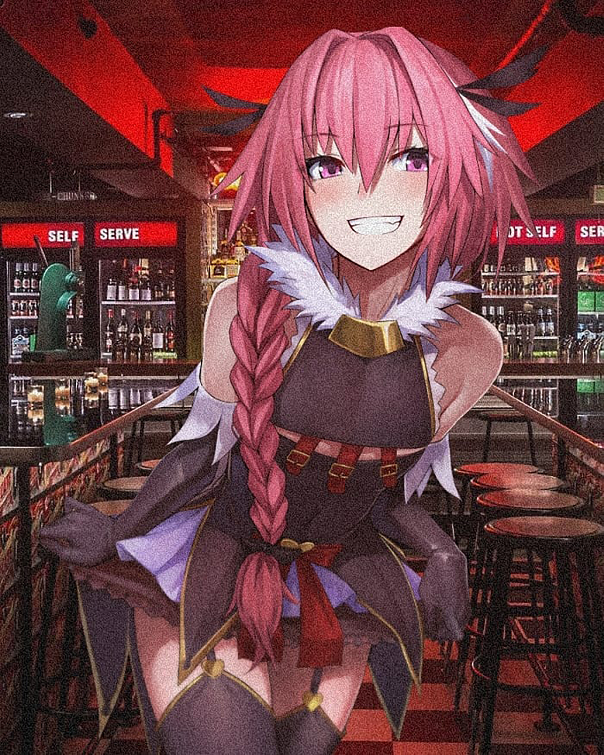 Anime 2043x2554 Astolfo (Fate/Apocrypha) Fate/Apocrypha  Fate series femboy pink hair long hair pub smiling standing braids looking at viewer anime boys elbow gloves portrait display stockings ponytail checkered chair bar reflection
