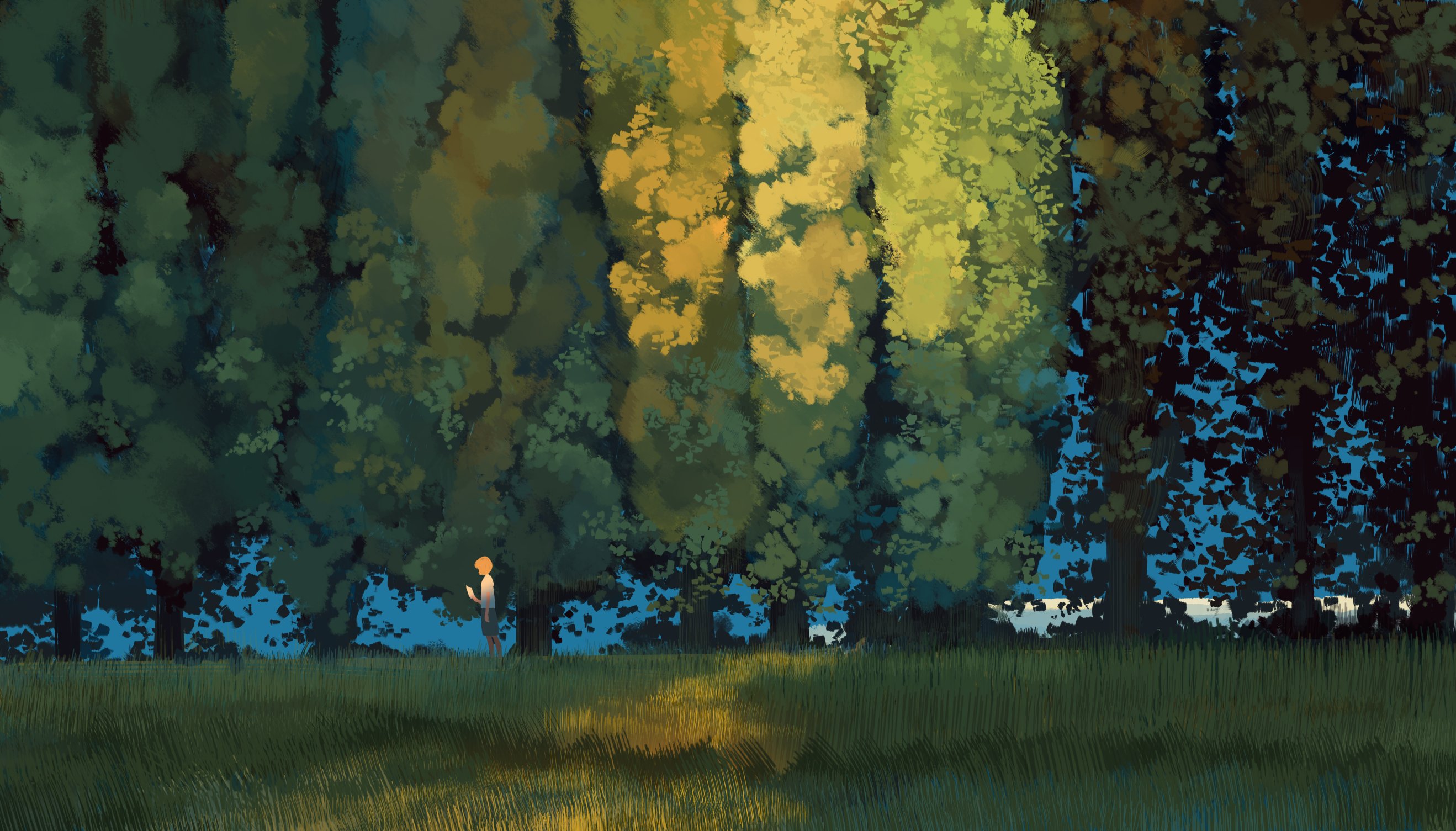General 2637x1505 digital art digital painting plains grass sunset peaceful bangjoy standing trees