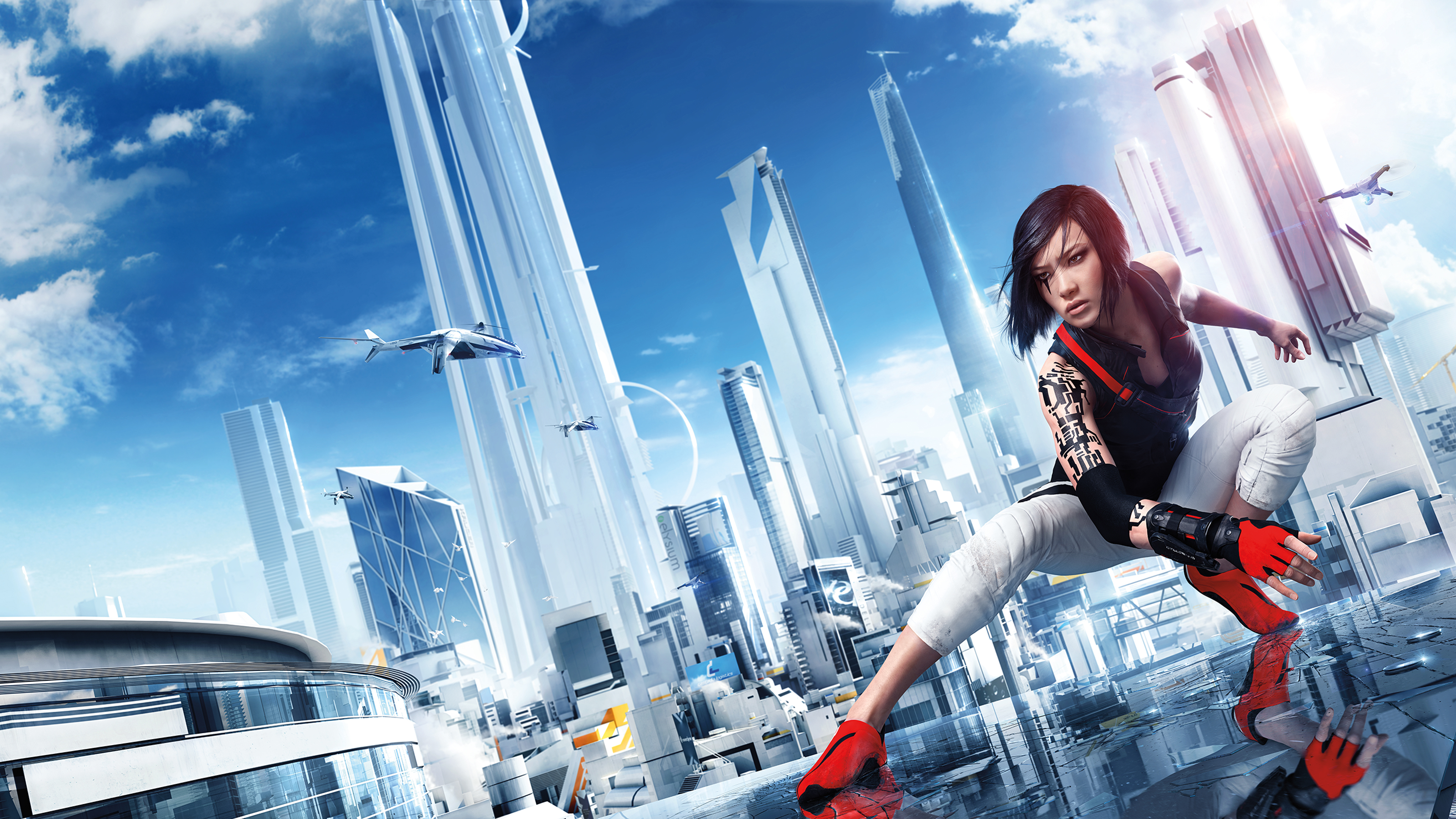 General 3840x2160 Mirror's Edge video game art sky clouds video games looking away reflection building city aircraft tattoo Electronic Arts