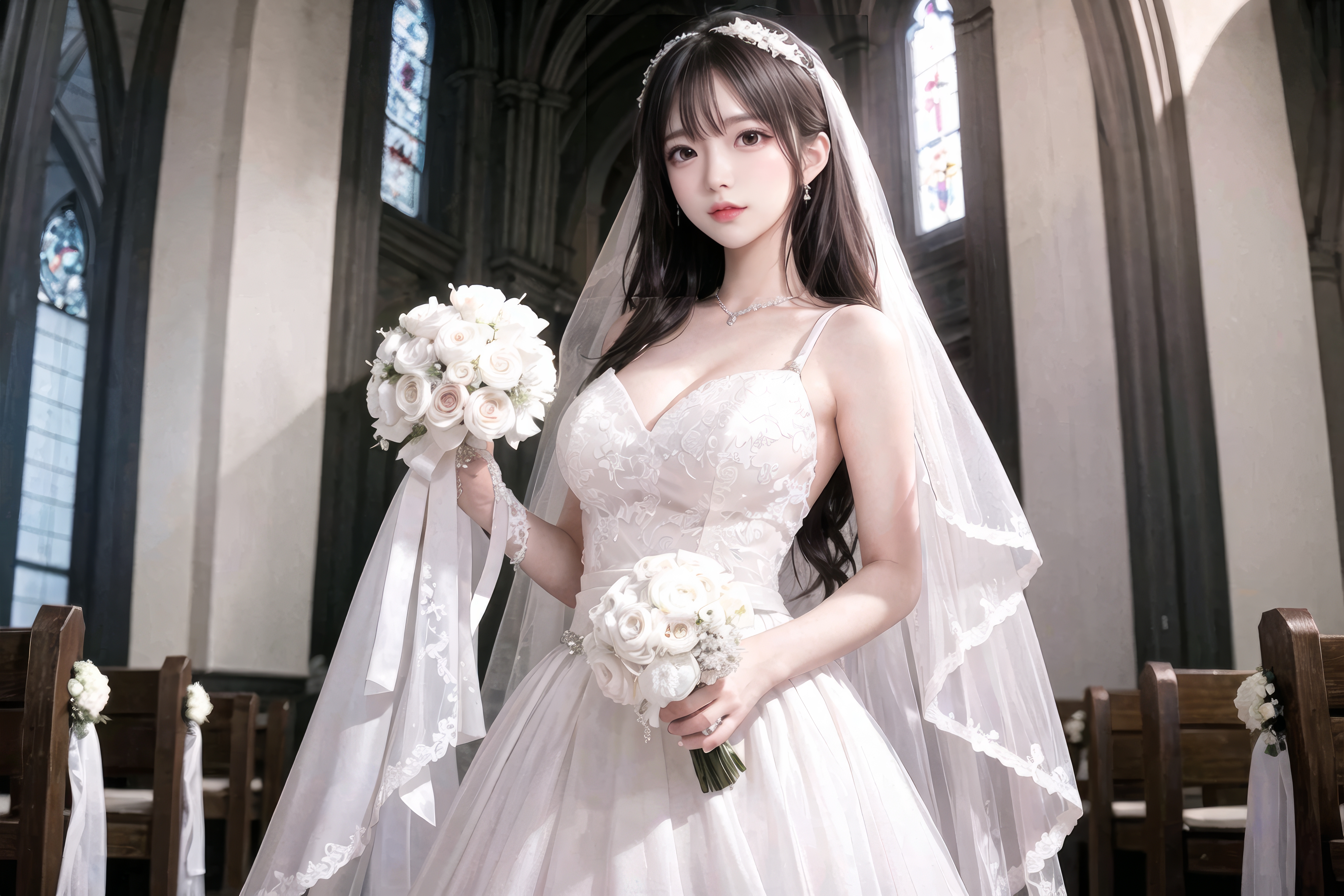 General 4239x2826 wedding dress women AI art standing Asian looking at viewer cleavage stained glass church flowers necklace long hair earring