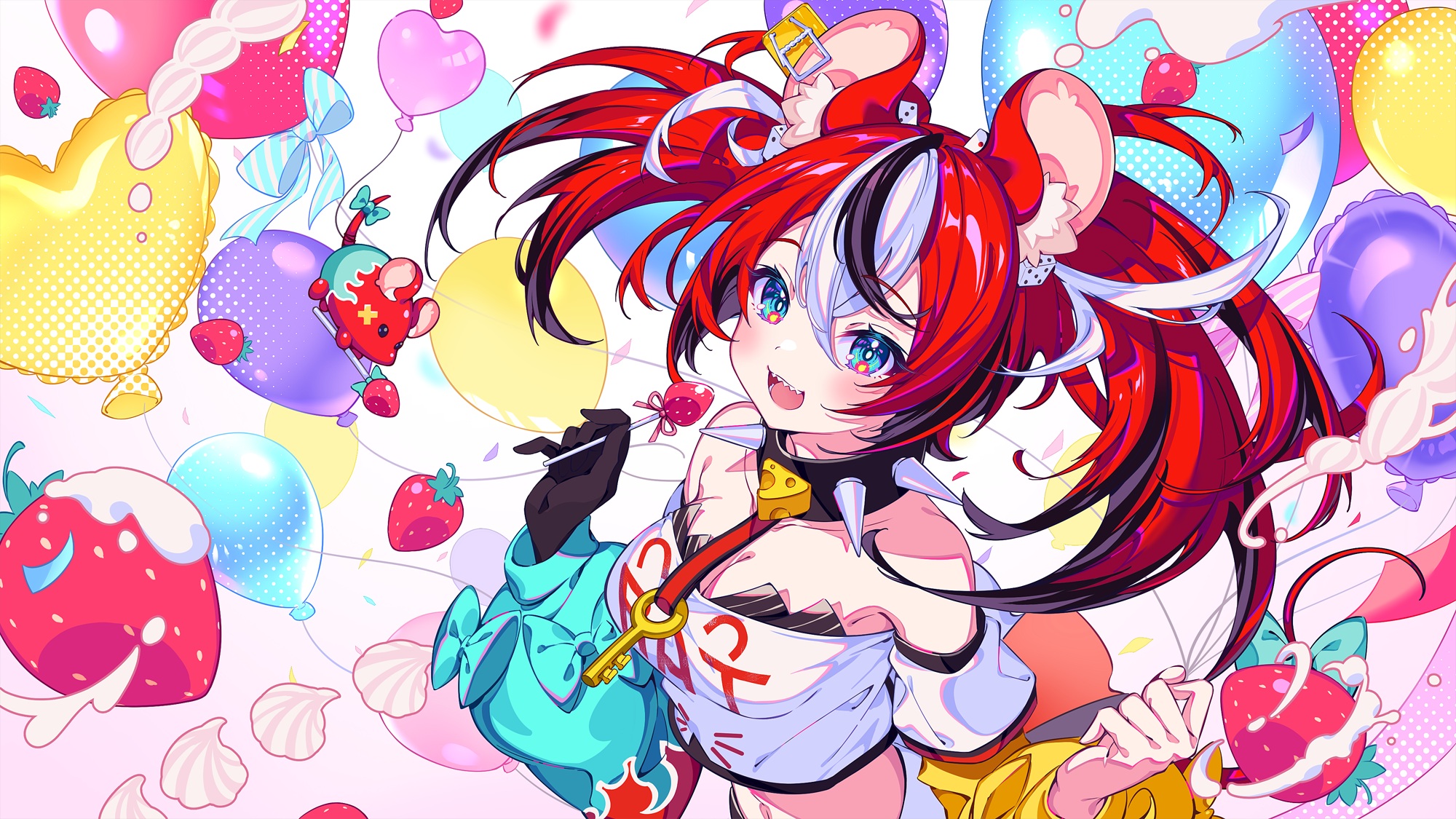 Anime 2000x1125 anime anime girls Hakos Baelz Hololive Virtual Youtuber choker multi-colored hair balloon strawberries blushing long hair mouse girls mouse ears lollipop looking at viewer cleavage bow tie keys