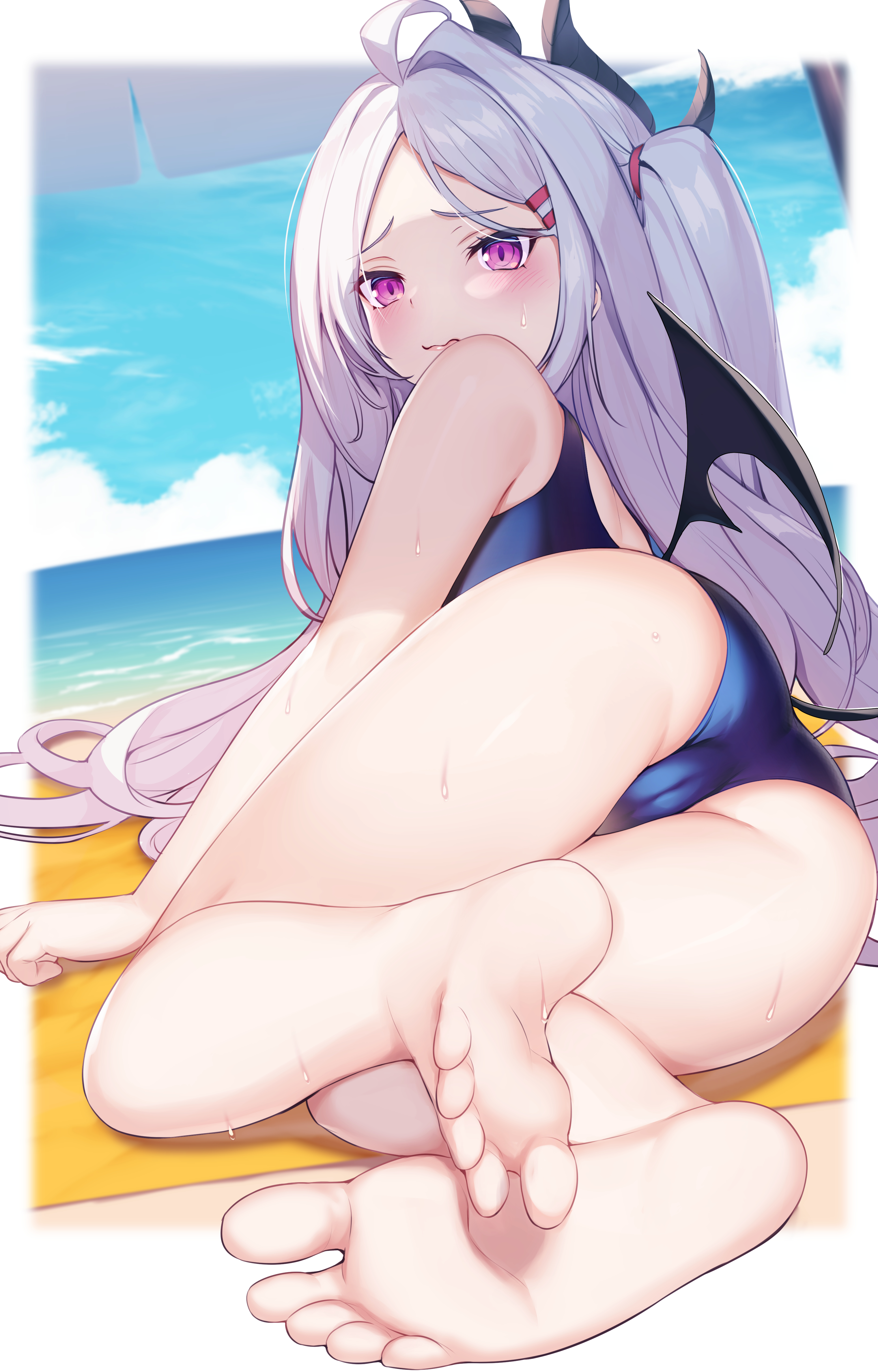 Anime 3042x4754 Sorasaki Hina (Blue Archive) Blue Archive anime girls swimwear school swimsuits anime girl with wings white hair portrait display purple eyes beach ass embarrassed looking back sky foot sole feet lying on front wet wet body long hair