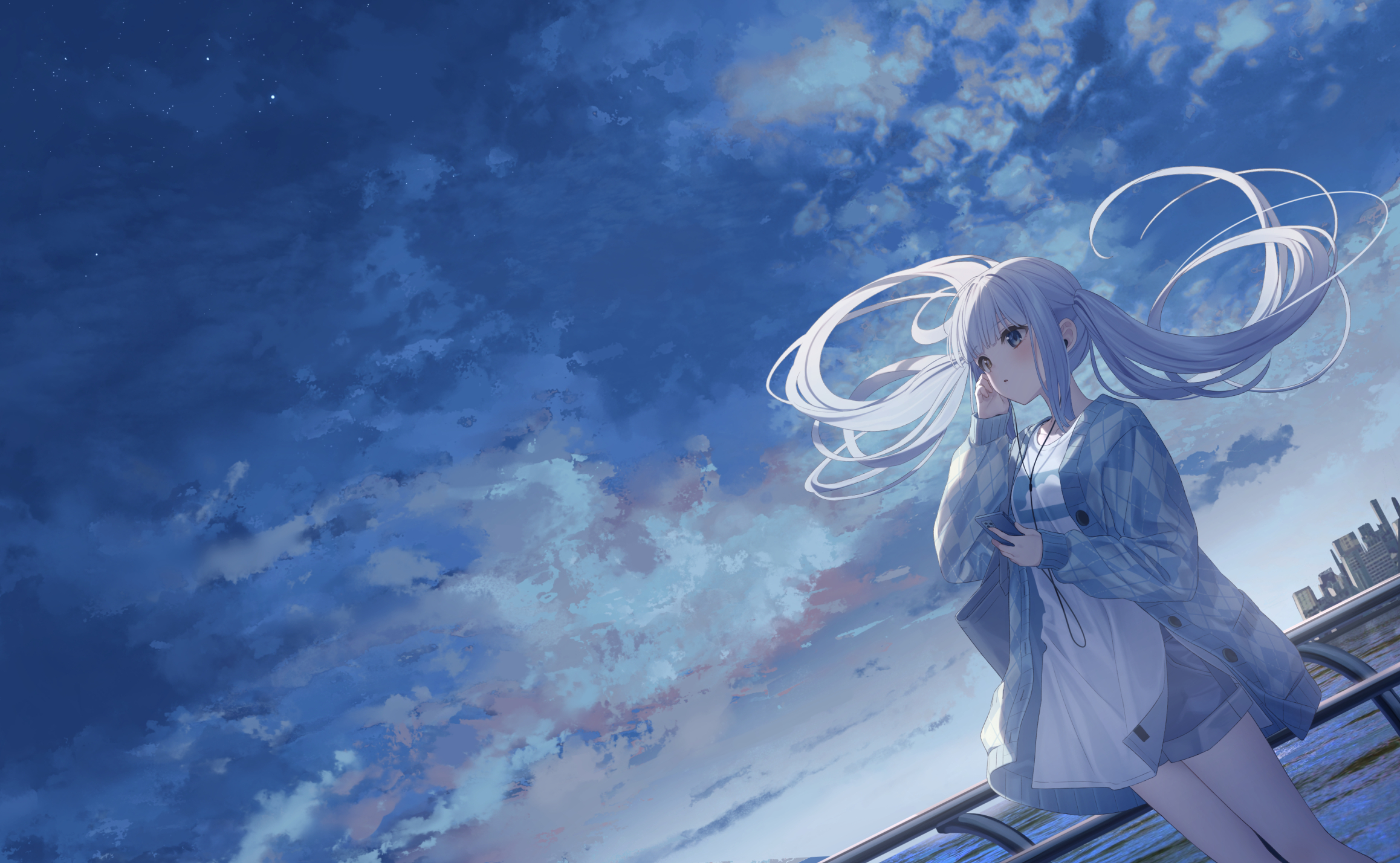 Anime 2316x1428 anime anime girls sky clouds twintails long hair blue hair standing heterochromia water earphones phone